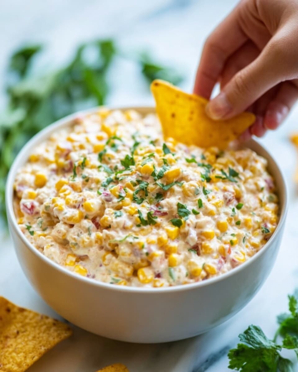 A white bowl filled with a creamy corn dip that has visible layers of yellow corn kernels, small bits of red onion, and chopped green herbs mixed evenly throughout. The surface is topped with more green herbs for garnish. A woman's hand is holding two triangular yellow tortilla chips, dipping them into the bowl. The background shows a soft white marbled texture with some blurred green leaves. photo taken with an iphone --ar 4:5 --v 7