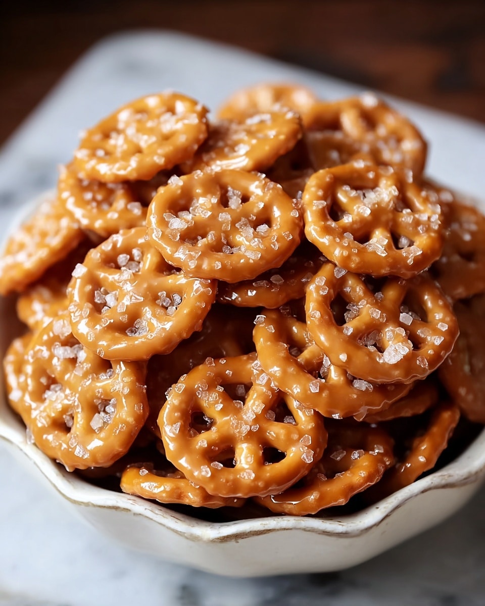 A full bowl of small round crackers stacked high, each cracker is golden brown with a shiny caramel glaze on top, sprinkled with coarse salt crystals. The crackers have a slightly rough texture on the edges from being baked, and the glaze makes them look smooth and glossy. The bowl is white with a simple rim detail, and the scene is set on a white marbled surface. The background is softly blurred to keep the focus on the shiny crackers photo taken with an iphone --ar 4:5 --v 7