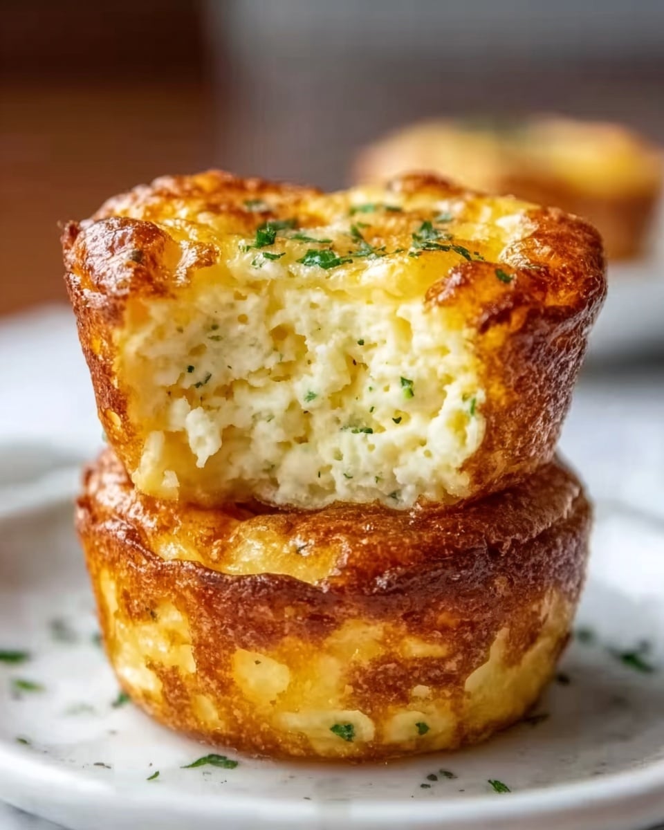 The image shows two golden brown cheese muffins stacked on a white plate, with melted cheese and small bits of green herbs visible inside and on top. The muffins have a crispy, slightly browned exterior with a soft, gooey inside texture. Small green herb pieces are sprinkled around the plate as garnish. The background is softly blurred with a white marbled surface below the plate. photo taken with an iphone --ar 4:5 --v 7