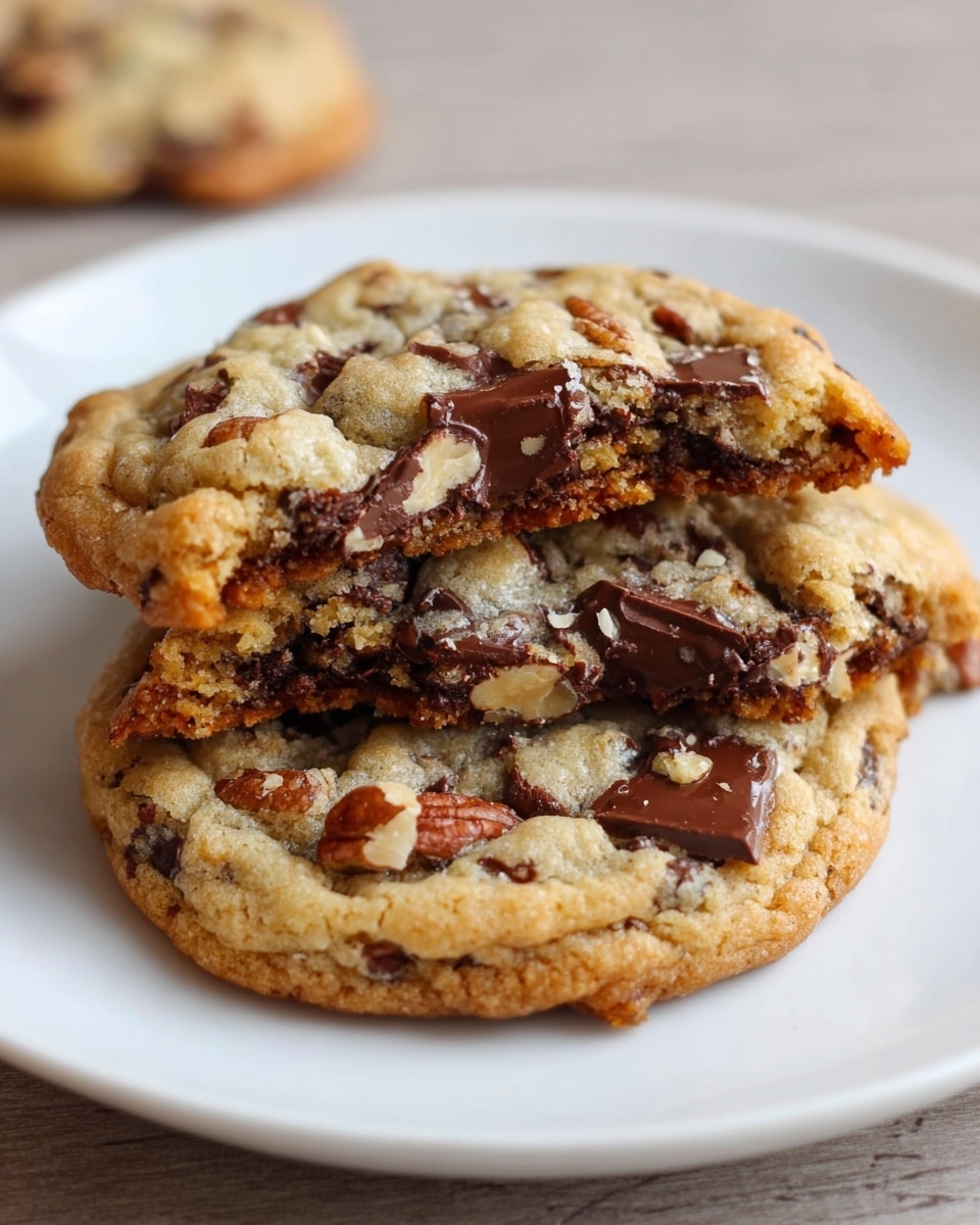 Two thick chocolate chip cookies with pecan pieces sit stacked on a white plate. The top cookie is broken in half, showing a soft, chewy inside with melted dark chocolate chunks and bits of nuts embedded throughout. The cookies have a golden brown color with a slightly crispy edge and a textured surface dotted with gooey chocolate and crunchy pecans. The plate rests on a white marbled surface. photo taken with an iphone --ar 4:5 --v 7