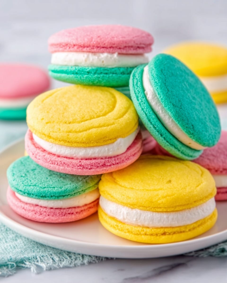 A white plate holds a neat stack of colorful sandwich cookies on a white marbled background. The cookies come in bright pink, yellow, and teal colors, each sandwich cookie made of two thick, smooth-textured, soft cookies with a thick layer of white cream filling in the middle. The stack forms a small pile with some cookies lying flat and others resting at angles, showing the fluffy filling clearly. Nearby, a glass of milk is partially visible, adding to the cozy scene. photo taken with an iphone --ar 4:5 --v 7