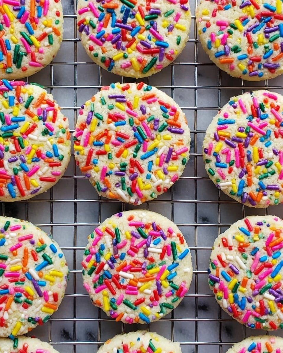 The image shows round cookies cooling on a metal grid. The cookies have a light, creamy base color and are covered with bright, colorful sprinkles in colors like red, blue, yellow, pink, orange, purple, and white. Each cookie is thick, with a smooth top generously covered by the small cylindrical sprinkles, giving a festive look. The metal grid contrasts with the cookies, making them stand out against the simple white marbled background. photo taken with an iphone --ar 4:5 --v 7