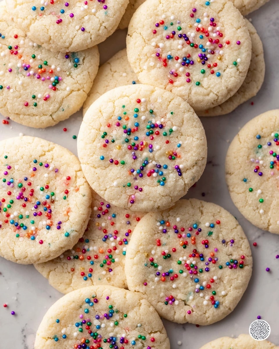 Several round, soft sugar cookies are spread out on a white marbled surface, each cookie light beige in color with a slightly cracked texture. The cookies have a smooth, flat top sprinkled with small, colorful round sprinkles in red, green, yellow, blue, orange, white, and purple, scattered unevenly across the surface. The edges of the cookies are gently rounded, showing their soft and chewy consistency. Each cookie appears uniform in size, overlapping slightly with one another. Photo taken with an iphone --ar 4:5 --v 7