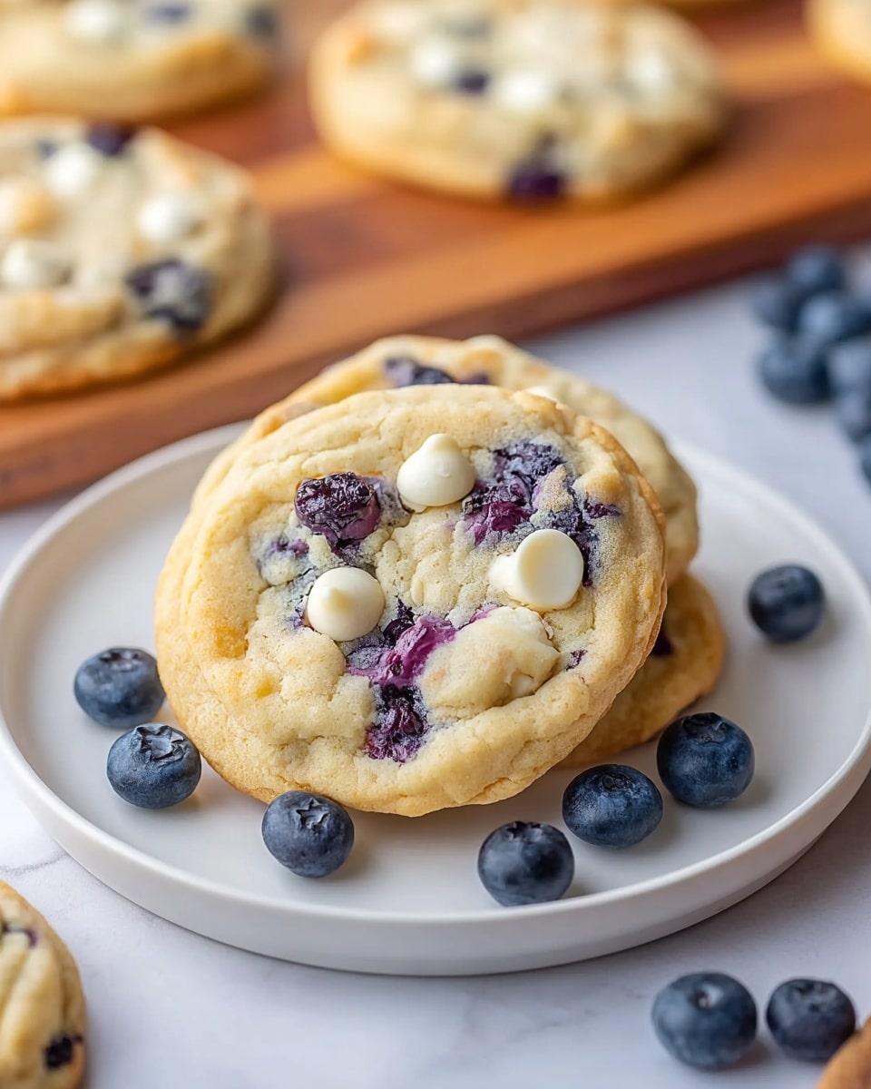 The image shows a white plate holding two thick cookies stacked on top of each other, with the top cookie clearly visible. The cookies are golden brown on the edges with a soft, pale center embedded with dark purple blueberries and a few large white chocolate chips, giving a bumpy texture. Around the cookies on the plate are fresh whole blueberries in dark blue shades. The plate rests on a white marbled surface, and in the background, a wooden board with more cookies is slightly out of focus, adding a warm tone contrast. Photo taken with an iphone --ar 4:5 --v 7