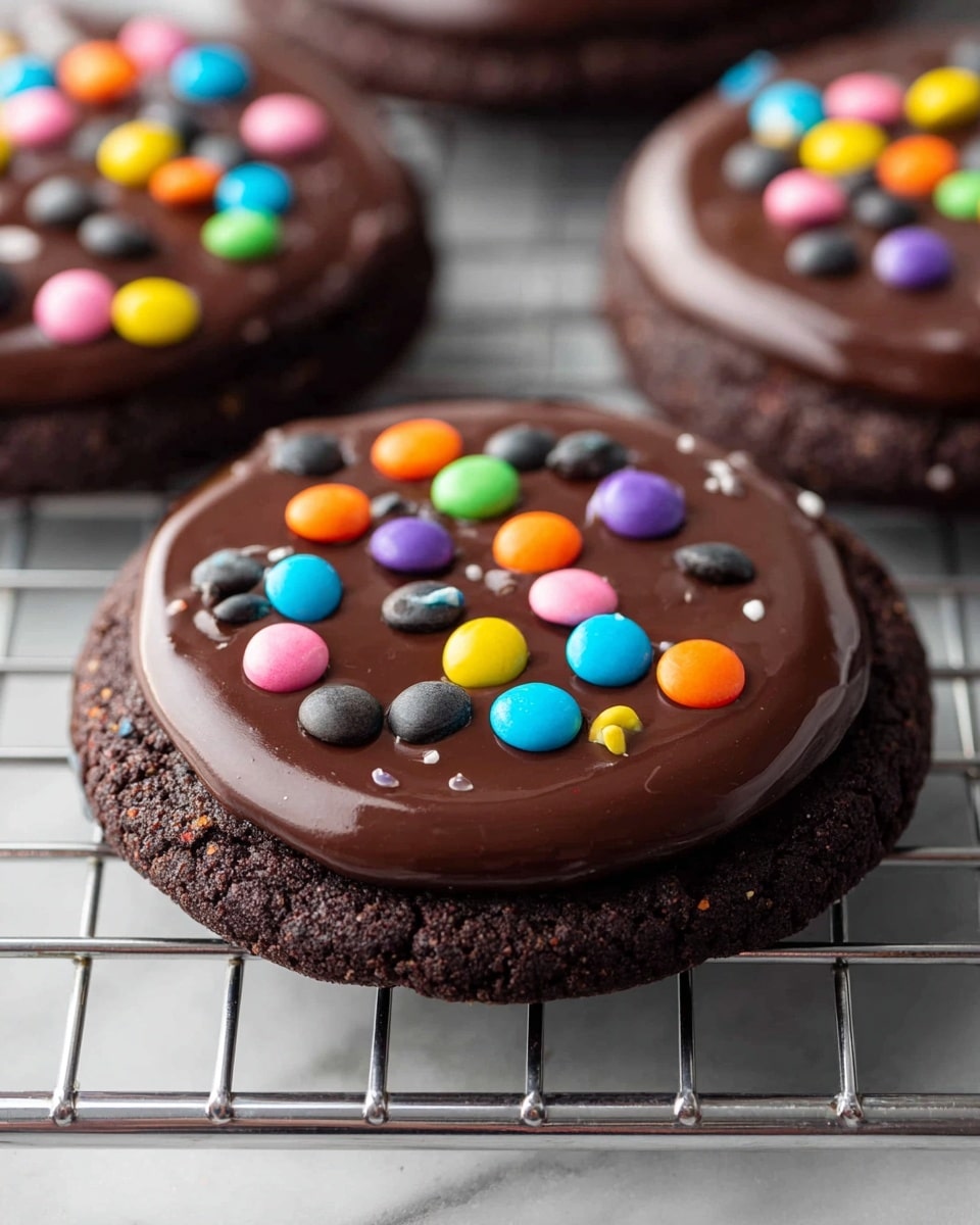 A close-up of a single round chocolate cookie with a dark brown, rough textured base layer; on top is a smooth, glossy layer of dark chocolate frosting covering most of the cookie’s surface; scattered on the frosting are small, colorful candy chips in bright blue, pink, yellow, orange, green, black, purple, and red colors, adding vibrant contrast; the cookie rests on a metal cooling rack set against a white marbled surface. Photo taken with an iphone --ar 4:5 --v 7