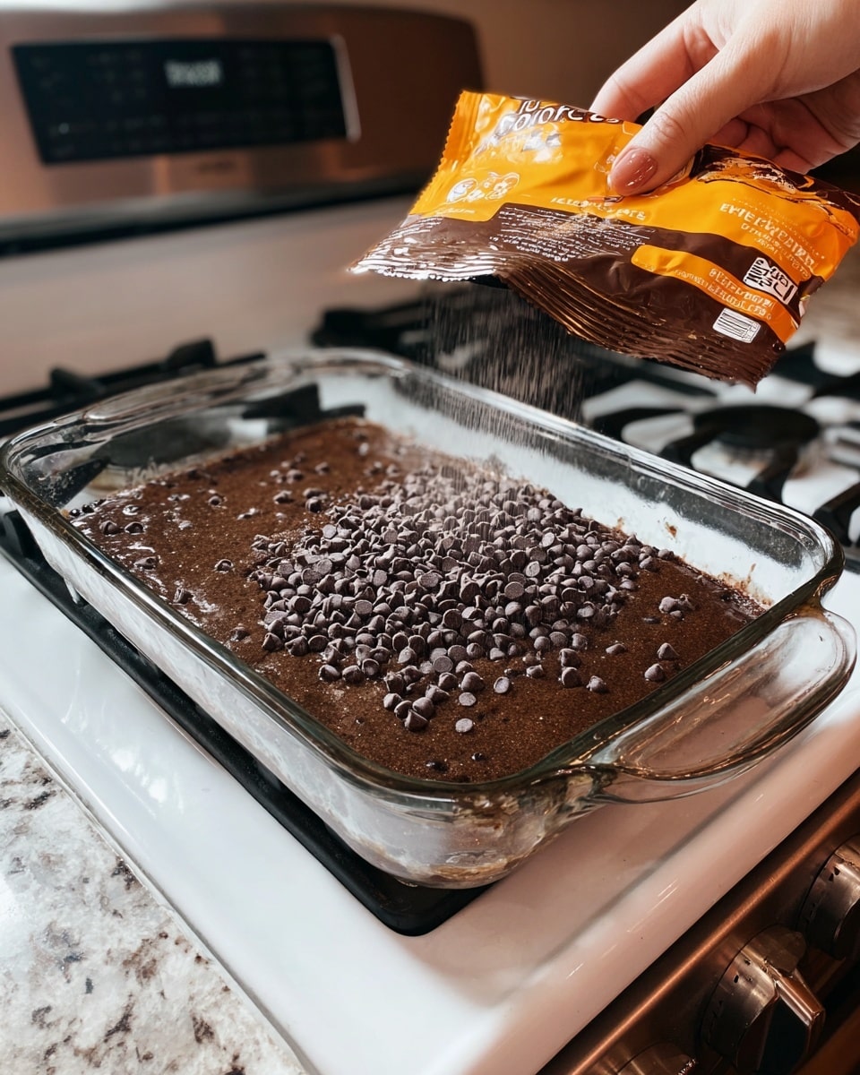A clear glass baking dish holds a moist chocolate dessert with a shiny, wet surface, likely from a syrup or glaze. A layer of dark brown chocolate chips is being sprinkled over the top from a partially open orange-yellow bag held by a woman's hand, positioned at the upper right of the dish. The dessert and dish sit on a white marbled stove top with visible black stove burners in the background. photo taken with an iphone --ar 4:5 --v 7
