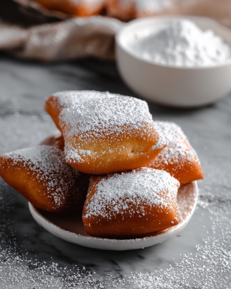 A white plate stacked with six square-shaped beignets, each golden brown with a soft, slightly puffy texture. They are generously dusted with powdered sugar, which also lightly covers the white marbled surface beneath the plate, adding a fine, snowy touch. In the background, there is a white bowl filled with more powdered sugar, slightly out of focus, giving the scene a cozy, fresh-baked feel. photo taken with an iphone --ar 4:5 --v 7