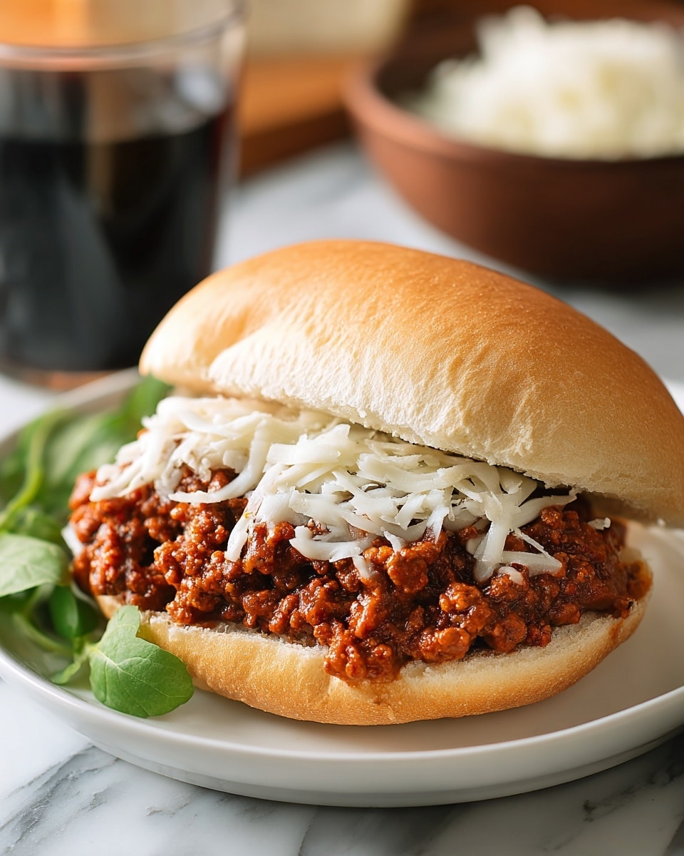 A sandwich on a soft, light brown bun with a slightly rough top texture, filled with a thick layer of dark brown cooked ground meat mixed with a reddish sauce, topped with a thin layer of white shredded cheese. The sandwich sits on a white plate next to some fresh green leafy garnish, all placed on a surface with a white marbled texture. In the background, there is a dark bowl with a white and pink mixture and a glass of dark liquid. Photo taken with an iphone --ar 4:5 --v 7