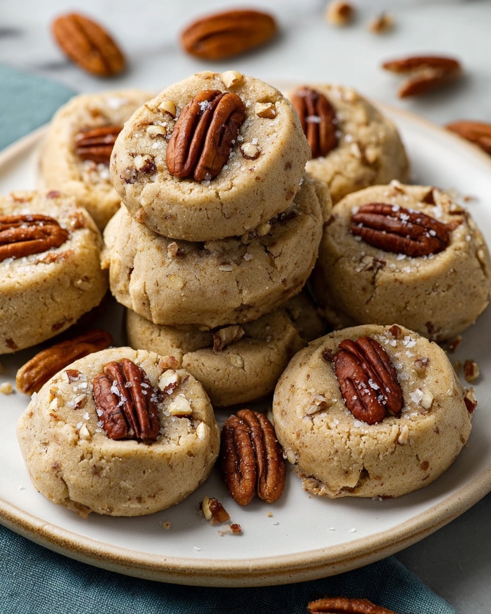 A dish of soft, round pecan cookies stacked in a white plate, each cookie light brown with a slightly rough texture and small chopped pecan pieces embedded inside. Each cookie has a whole, glossy pecan half pressed into its center and is sprinkled with coarse white sea salt, adding contrast. Extra pecans are scattered casually around the plate. The setting is on a white marbled surface visible at the edge of the plate. photo taken with an iphone --ar 4:5 --v 7