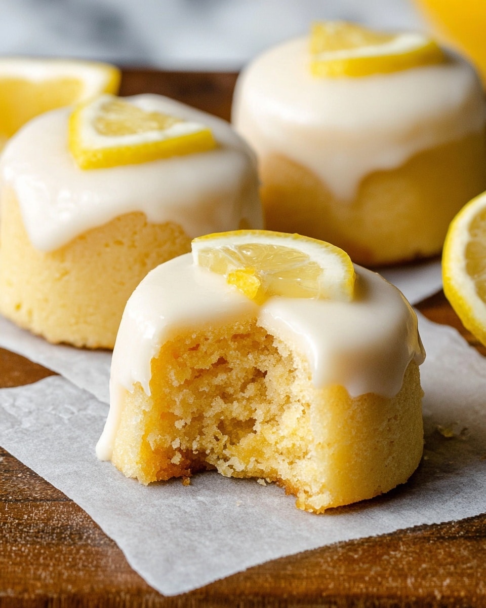 The image shows four small, round lemon-flavored cakes with a smooth white icing layer on top. The cakes have a soft yellow inside layer that looks moist and crumbly, visible on one cake with a bite taken out. Each cake is topped with a small wedge of fresh lemon, adding a bright yellow accent on the creamy white gloss. The cakes are placed on white parchment paper over a wooden surface, with a white marbled texture in the blurred background. photo taken with an iphone --ar 4:5 --v 7