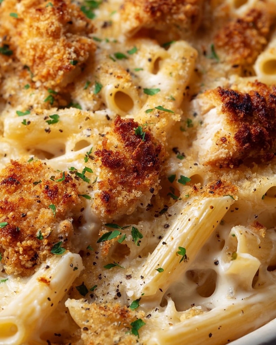 This close-up image shows a creamy pasta dish with two main layers. The bottom layer is penne pasta coated in a smooth, light cream-colored sauce. On top, there are pieces of golden-brown breaded chicken with a crispy texture. Small green herb bits and black pepper specks are sprinkled across the dish, adding color and contrast. The photo has a soft focus, highlighting the texture of the crispy chicken and creamy sauce. The dish is placed on a white marbled surface. photo taken with an iphone --ar 4:5 --v 7
