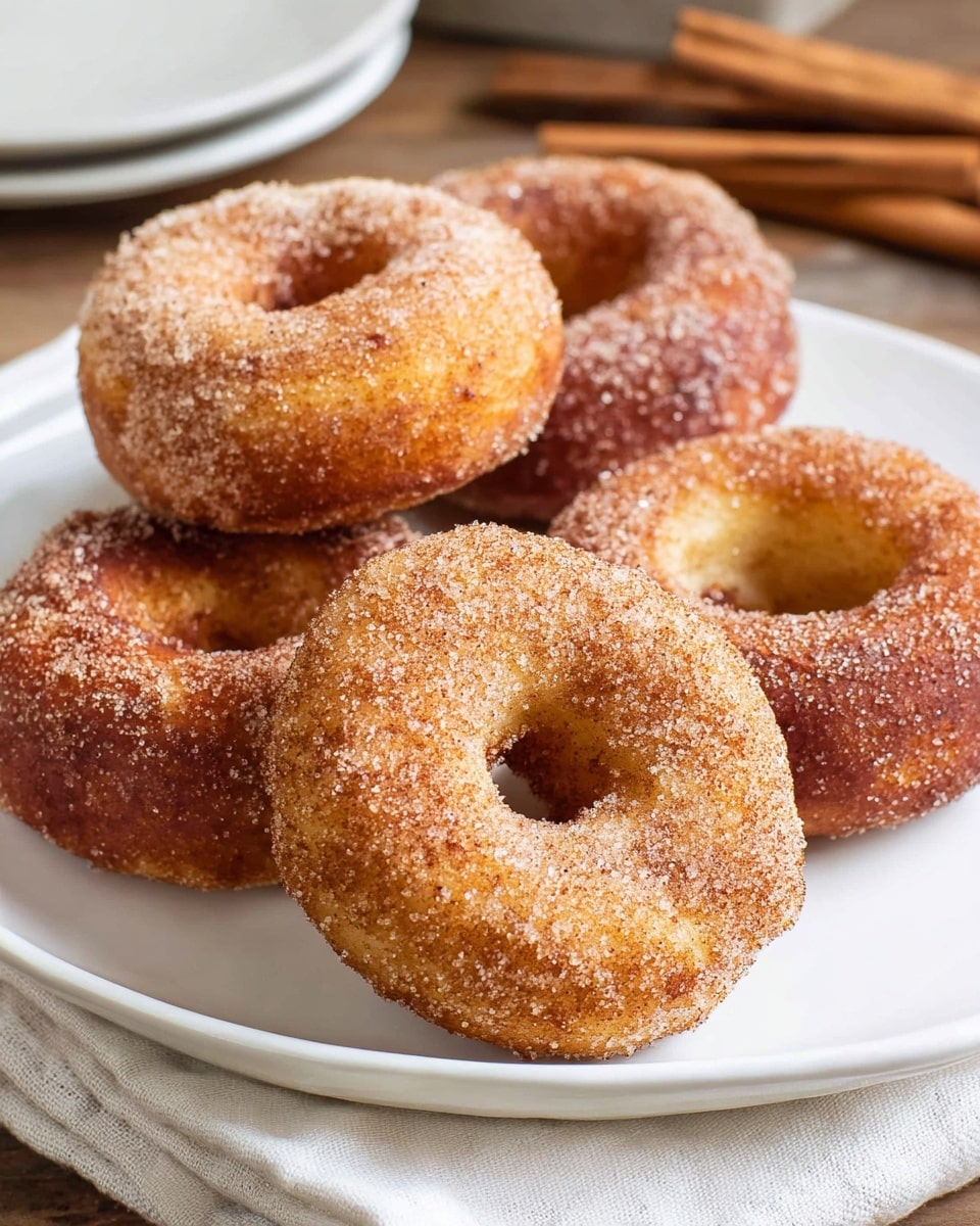 A white plate holds five cinnamon sugar doughnuts that are golden brown with a slightly rough texture from the sugar coating. Each doughnut has one visible hole in the center, and the sugar granules vary in size, clinging unevenly on the surface. The doughnuts rest on a white cloth over a wooden table, with cinnamon sticks blurred in the white marbled textured background. The lighting highlights the soft, fried dough texture and sugar crystals on the doughnuts' surface. Photo taken with an iphone --ar 4:5 --v 7