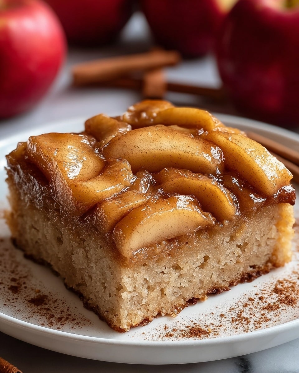A single square piece of apple cake sits on a white plate with a light dusting of cinnamon around its edges. The bottom layer is a thick, light brown, soft cake with a slightly grainy texture. On top, there are large, tender apple slices covered in a glossy glaze with a warm golden color, sprinkled with cinnamon. The cake is moist, and the apples look juicy and slightly caramelized. The plate rests on a white marbled texture background, with red apples and cinnamon sticks blurred in the back. Photo taken with an iphone --ar 4:5 --v 7