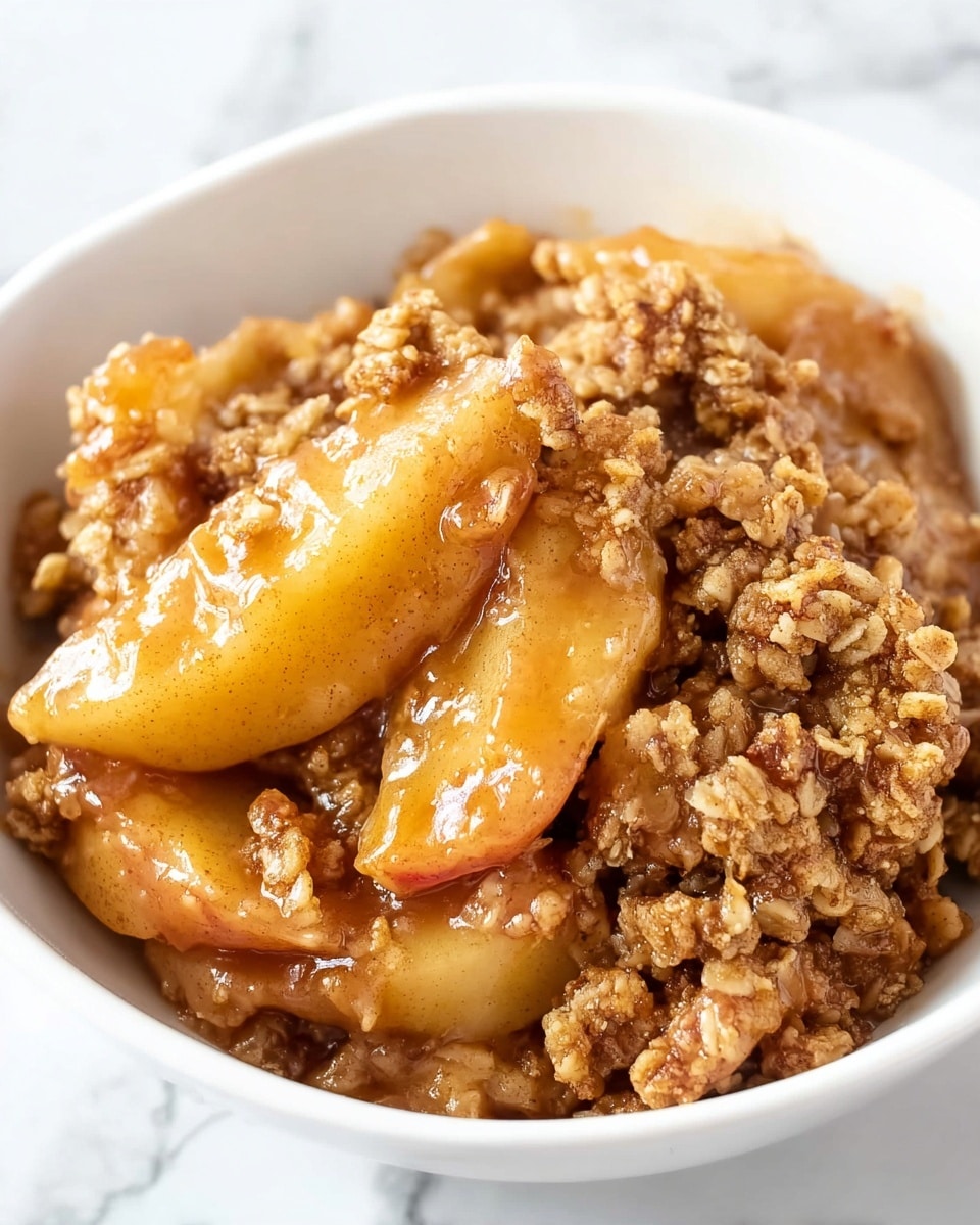 A close-up of a white bowl filled with apple crisp. The dish has around two layers: the bottom layer is tender, thick slices of cooked apples with a golden, syrupy glaze, and the top layer is a crumbly, brown oat and cinnamon streusel with a crunchy texture. The crisp topping clings to the apples, and the syrup pools slightly around the edges. The background shows a white marbled surface. photo taken with an iphone --ar 4:5 --v 7
