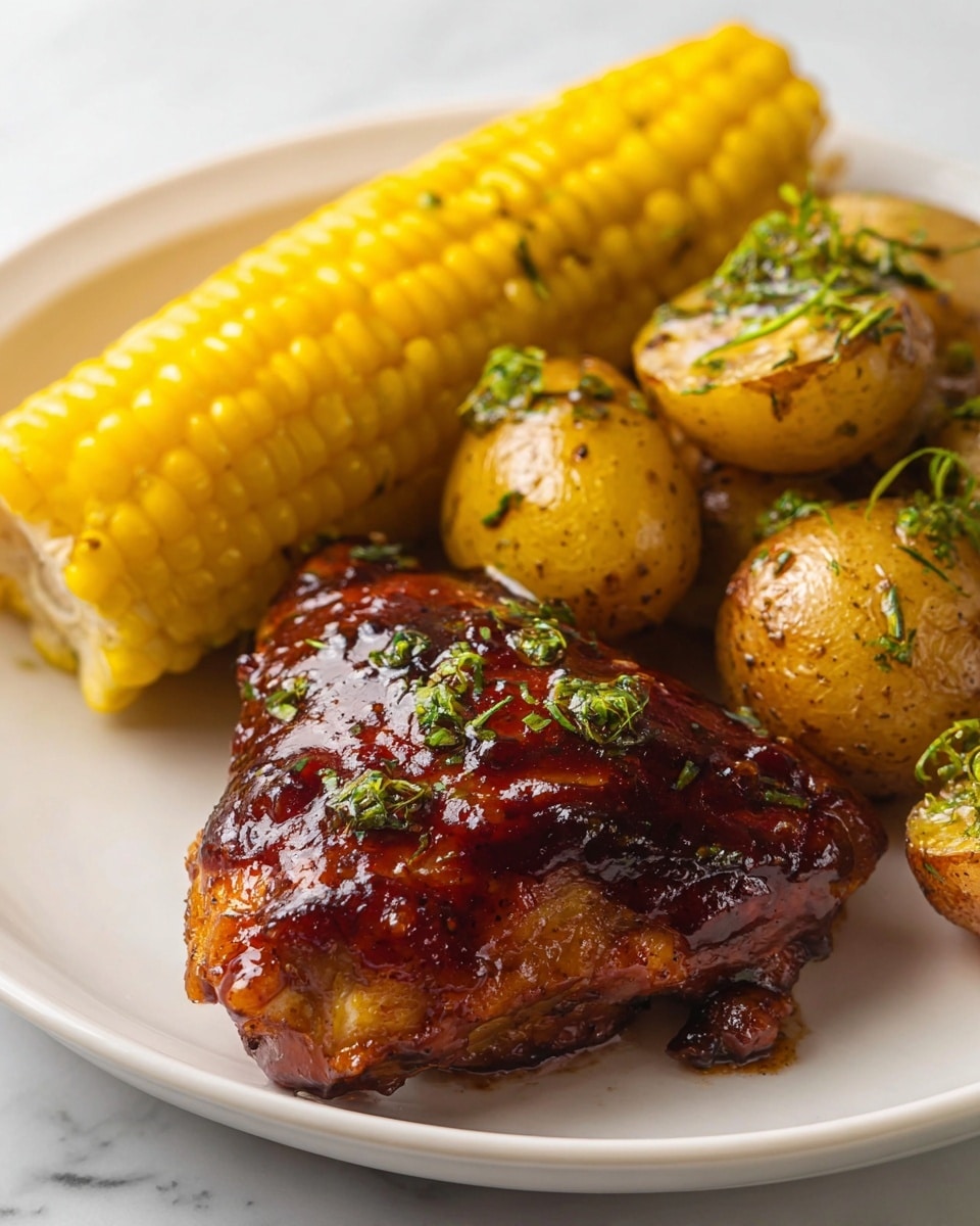 A white plate holds a grilled meal with three main layers. In the front is a large piece of chicken covered in shiny, dark brown barbecue sauce with fresh green herb bits on top. Behind the chicken are several small, golden roasted potatoes with a light brown texture and tiny herb specks. At the back of the plate is a thick, bright yellow corn on the cob, showing clear corn kernels with a few small green herbs on top. The plate sits on a white marbled background. photo taken with an iphone --ar 4:5 --v 7