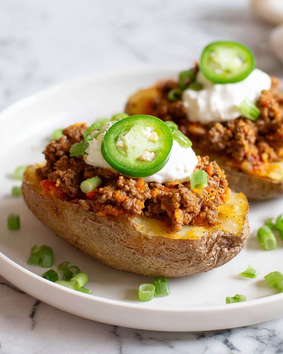 Two halves of a baked potato sit on a white plate over a white marbled surface. Each potato half has a golden brown inside layer with a rough skin outside. They are topped with a thick layer of cooked ground meat mixed with small orange and red bits, giving a textured look. On top of the meat, there is a dollop of white sour cream, and each sour cream dollop is garnished with a bright green slice of jalapeño and small pieces of chopped green onions scattered around. Photo taken with an iphone --ar 4:5 --v 7