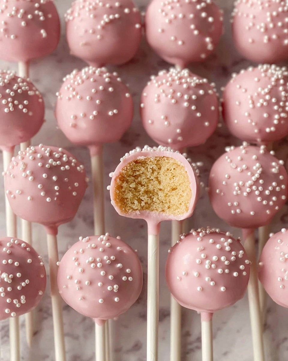 The image shows a group of pink cake pops arranged in neat rows on a white marbled surface. Each cake pop is covered in smooth, pastel pink coating and decorated with small white round sprinkles scattered evenly on top. All cake pops have a white stick at the bottom for holding. One cake pop in the middle is bitten, revealing a dense, crumbly, light golden-yellow cake inside beneath the pink coating. The surface texture is slightly shiny and smooth on the outside, with a soft cake inner layer visible in the bitten one. photo taken with an iphone --ar 4:5 --v 7