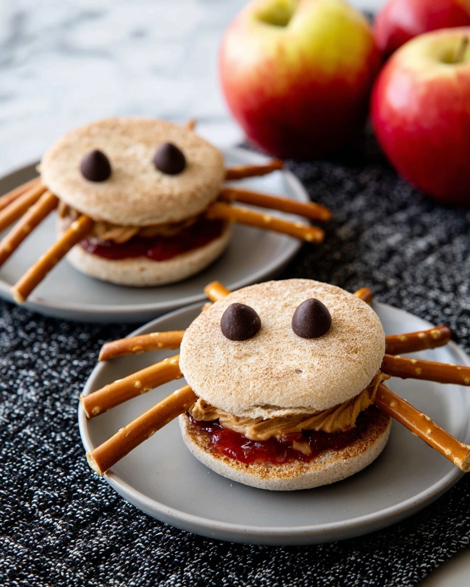 Two small sandwiches are made with round English muffins that have a toasted light brown top sprinkled with sugar. Each sandwich has a middle layer of peanut butter, which is light brown and spread thick, topped with a layer of red jelly. Six thin pretzel sticks are inserted through each sandwich, three on each side, sticking out to look like legs. On the top muffin of each sandwich, there are two dark brown chocolate chips placed like eyes. They sit on simple white plates on a white marbled surface. Photo taken with an iphone --ar 4:5 --v 7