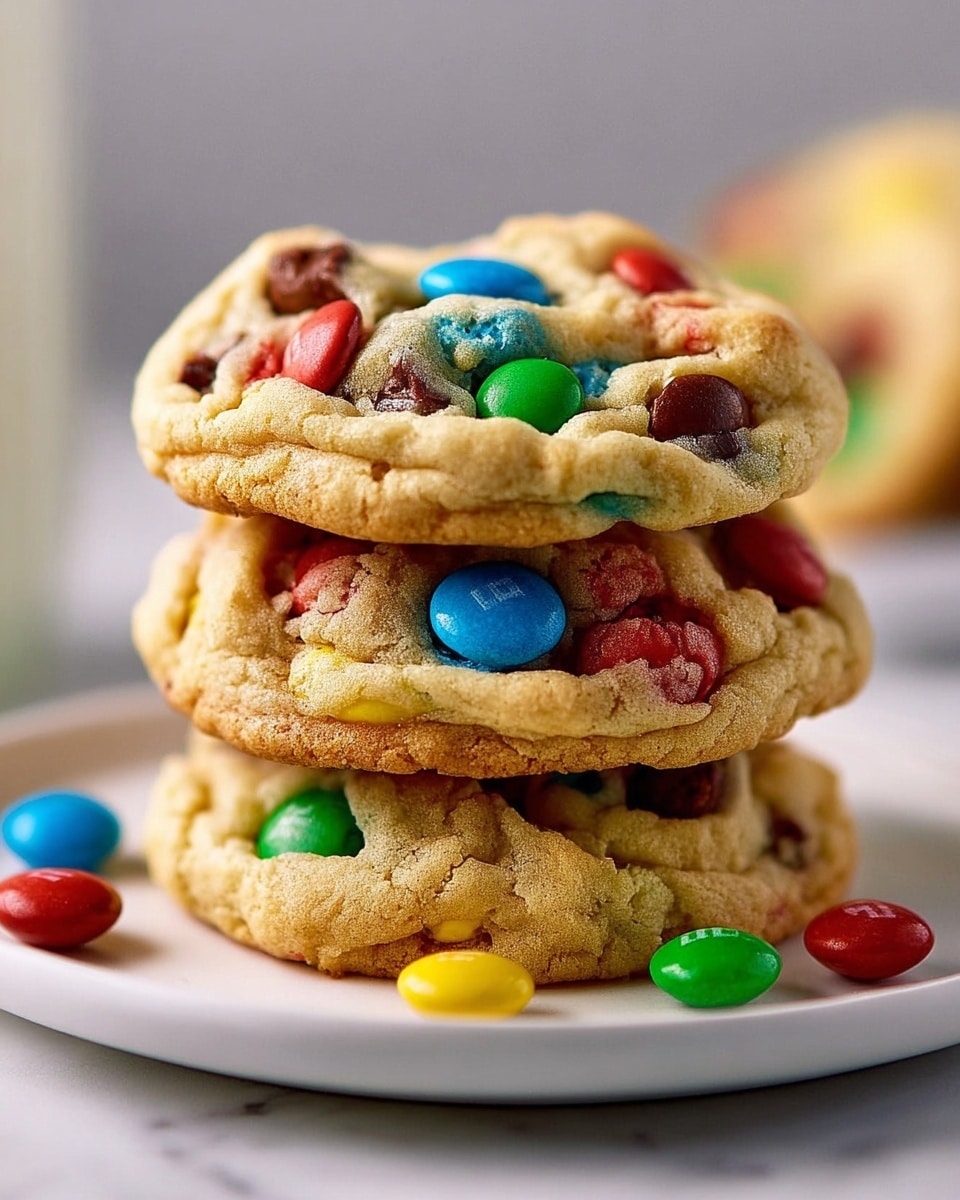 A stack of three thick, soft cookies sits on a white plate. Each cookie is golden brown with a slightly bumpy, chewy texture and is filled with colourful M&M candies in red, blue, green, and yellow scattered throughout. The candies' shiny coating contrasts with the soft cookie dough. Some M&Ms have small cracks, showing they are baked in. A few M&Ms rest loose near the base of the stack on the plate. The background is softly blurred with a white marbled surface below. photo taken with an iphone --ar 4:5 --v 7