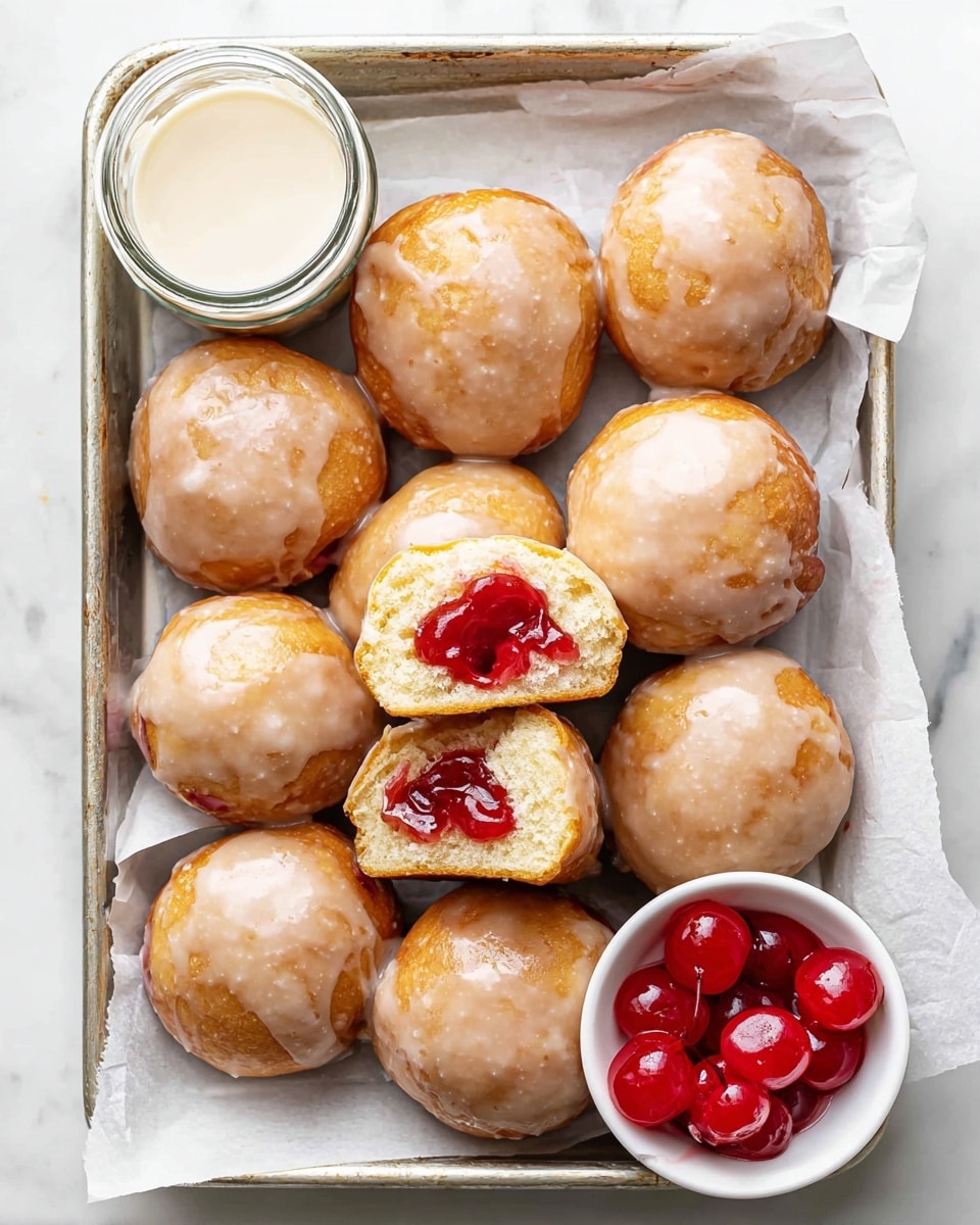 A tray lined with white parchment paper holds twelve round, golden brown donuts covered in a shiny, light glaze. One donut is cut open, showing inside bright red cherry filling with a glossy texture, surrounded by soft, airy dough. On the top left of the tray is a small clear glass jar filled with white glaze and on the bottom right is a small white bowl filled with bright red maraschino cherries and syrup. The tray sits on a white marbled surface. photo taken with an iphone --ar 4:5 --v 7