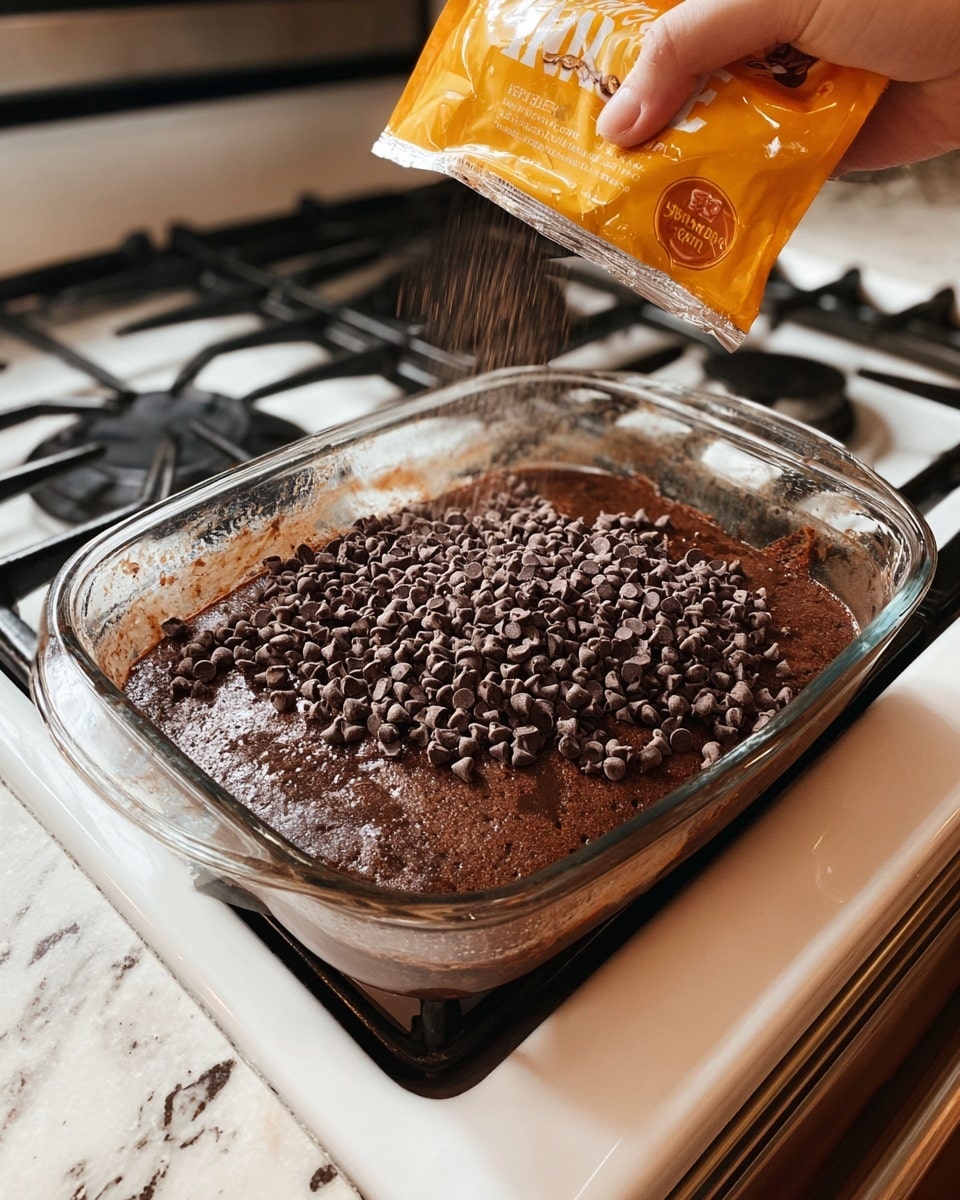 A clear rectangular glass baking dish sits on a stove, filled with a moist dark brown cake base layer soaked in a glossy white liquid that covers the whole surface. On top of this layer, a generous amount of small dark brown chocolate chips is being poured from an orange and white bag held by a woman's hand coming in from the right side. The cake’s texture looks soft and slightly bumpy under the liquid, and the chocolate chips add a rough, scattered texture on top. The background includes black stove burners and a white marbled surface around the dish. photo taken with an iphone --ar 4:5 --v 7