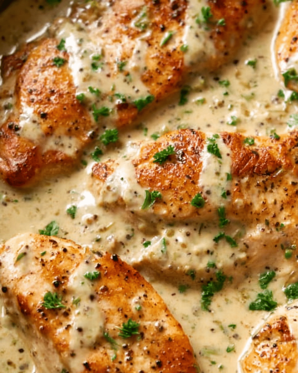 The image shows several pieces of cooked chicken breast in a creamy sauce. The chicken has a golden-brown color with black pepper and small green herb bits sprinkled on top. The creamy sauce is light beige with small green herbs mixed in, covering part of the chicken. The scene is set on a white marbled surface. Photo taken with an iphone --ar 4:5 --v 7