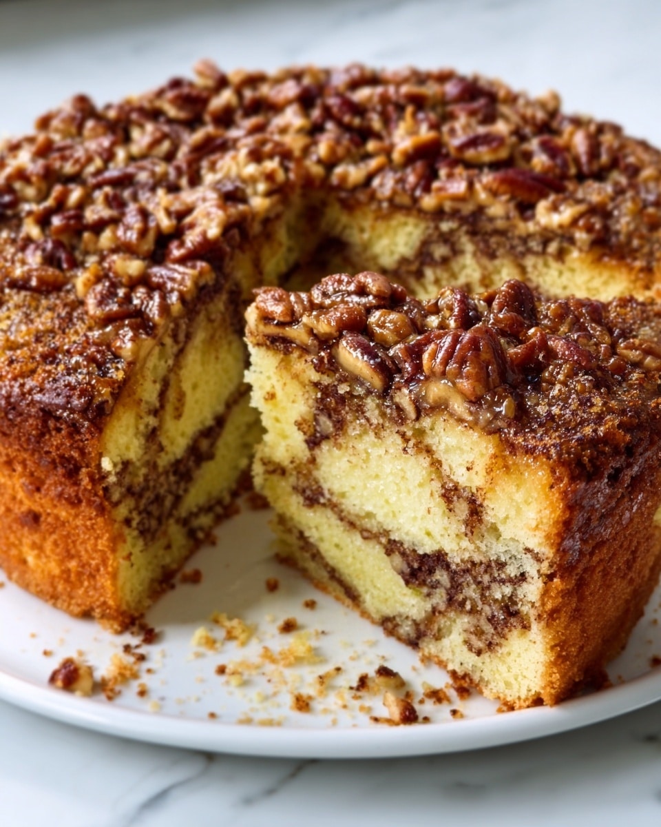 This image shows a round cake with two layers on a white marbled surface. The top layer is fully covered with shiny, caramelized pecan nuts, giving it a rich brown, crunchy texture. The cake itself is light yellow with a fluffy texture, and there is a visible swirl of brown cinnamon or chocolate filling between the two layers. A slice is removed, revealing the inside layers clearly and showing some crumbs around the base of the cake. The lighting highlights the glossy nuts and soft cake clearly. Photo taken with an iphone --ar 4:5 --v 7