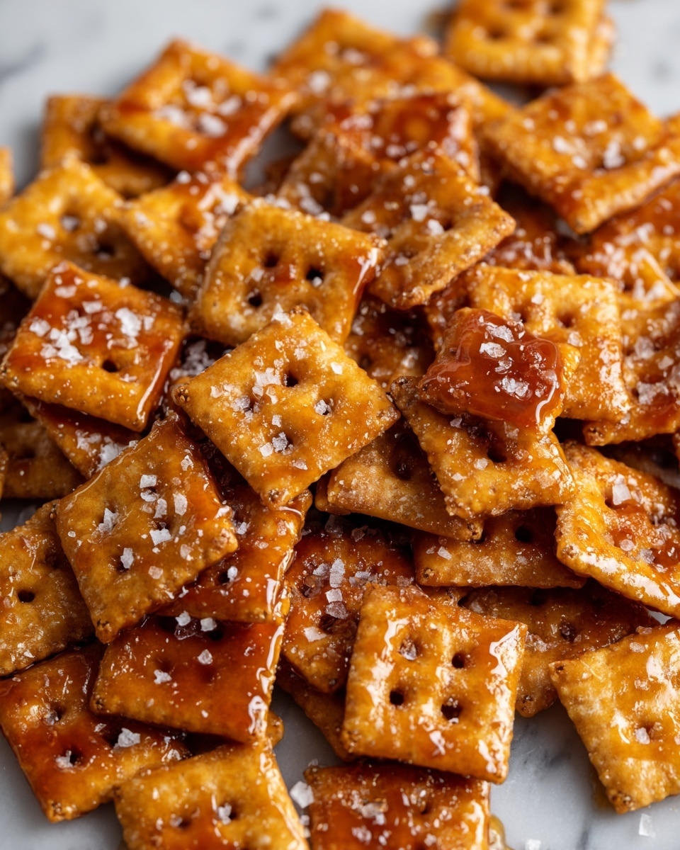 The image shows a close-up of many small square crackers coated in a shiny caramel glaze. The crackers are golden brown with a slightly rough texture and some have tiny holes in the center. They are piled in a loose heap on a white marbled surface, and there is a sprinkling of coarse salt crystals on top that contrast with the sweet glossy coating. The caramel looks sticky and thick, making the crackers appear rich and crunchy photo taken with an iphone --ar 4:5 --v 7