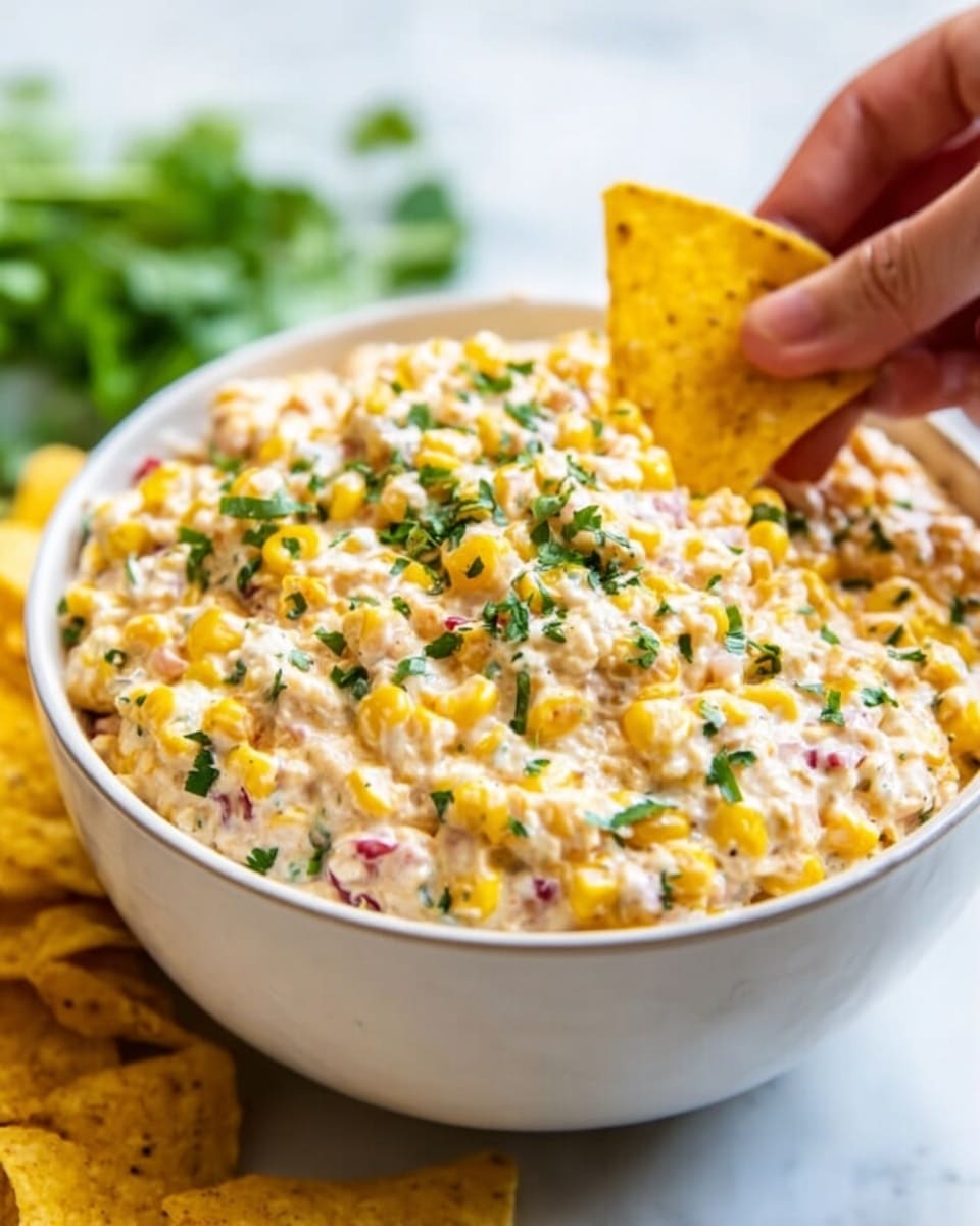 A white bowl filled with a creamy corn dip that has visible yellow corn kernels mixed with small bits of red and green, likely peppers or herbs, creating a colorful texture. The dip is garnished with chopped green herbs on top. A woman's hand is dipping a triangular yellow corn chip into the bowl. The background shows a soft white marbled texture with blurred green leaves, giving a fresh feel. Photo taken with an iphone --ar 4:5 --v 7