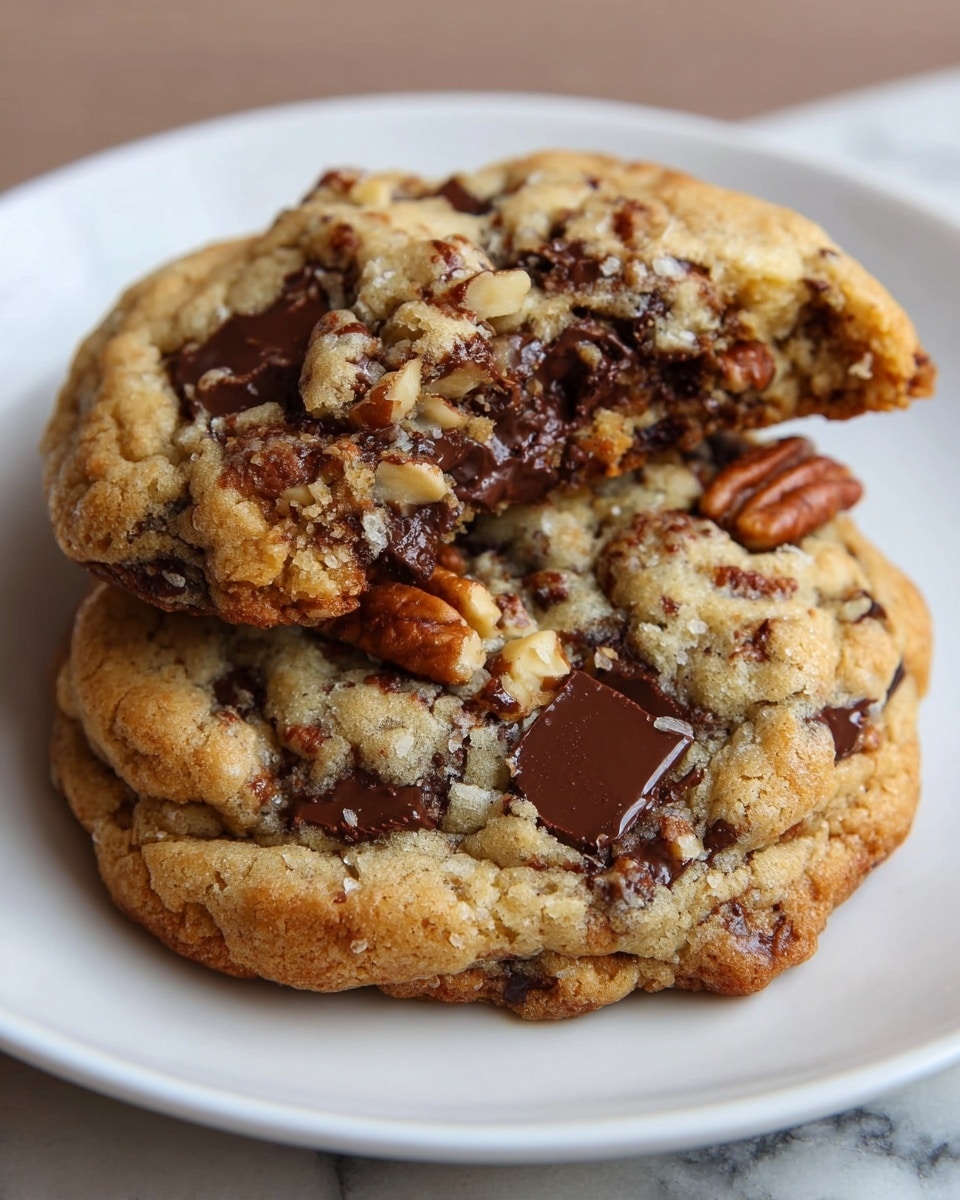 Two thick, golden-brown chocolate chip cookies sit on a white plate over a white marbled surface. The cookie on top is broken in half, showing a soft, chewy inside filled with melted dark chocolate chunks and pieces of pecans, while the top surface of both cookies is dotted with whole and chopped pecans and chunks of shiny, melted chocolate. The texture of the cookies looks slightly crumbly yet moist in the middle. Photo taken with an iphone --ar 4:5 --v 7