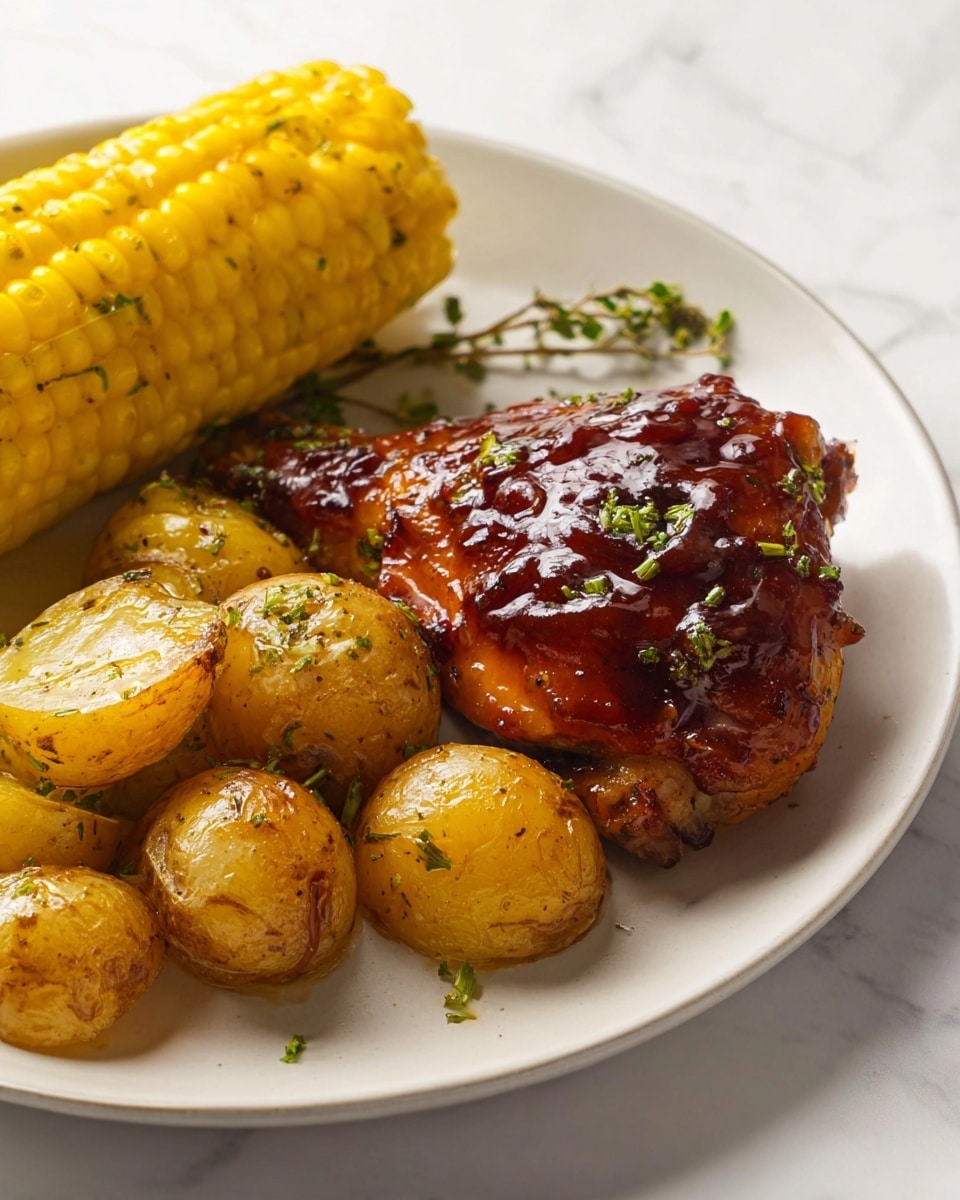 A white plate holds a meal featuring a shiny, dark reddish-brown glazed chicken thigh sprinkled with small green herb pieces, positioned in the front right. Behind the chicken is a cluster of golden roasted baby potatoes with a glossy surface and some green herbs atop, giving a slightly uneven texture. To the left and back of the plate, a bright yellow corn cob with plump kernels sits partially cut, with some hints of green herbs visible on it. The plate rests on a white marbled surface. photo taken with an iphone --ar 4:5 --v 7