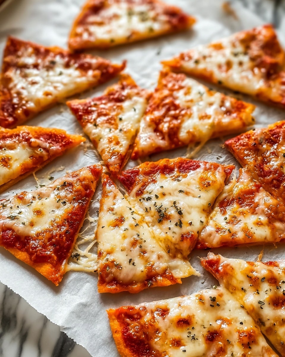 This image shows multiple small triangular pizza slices on white parchment paper, placed on a white marbled surface. Each slice has two main layers: the base layer is a thin golden-orange crust, and the top layer is melted creamy white cheese with small browned spots and some herbs sprinkled on top. The cheese looks smooth and glossy, covering almost the entire slice. The tomato sauce beneath the cheese shows through at the edges, giving a rich red contrast. The triangles are scattered closely but not perfectly aligned, giving a casual, homemade look. photo taken with an iphone --ar 4:5 --v 7