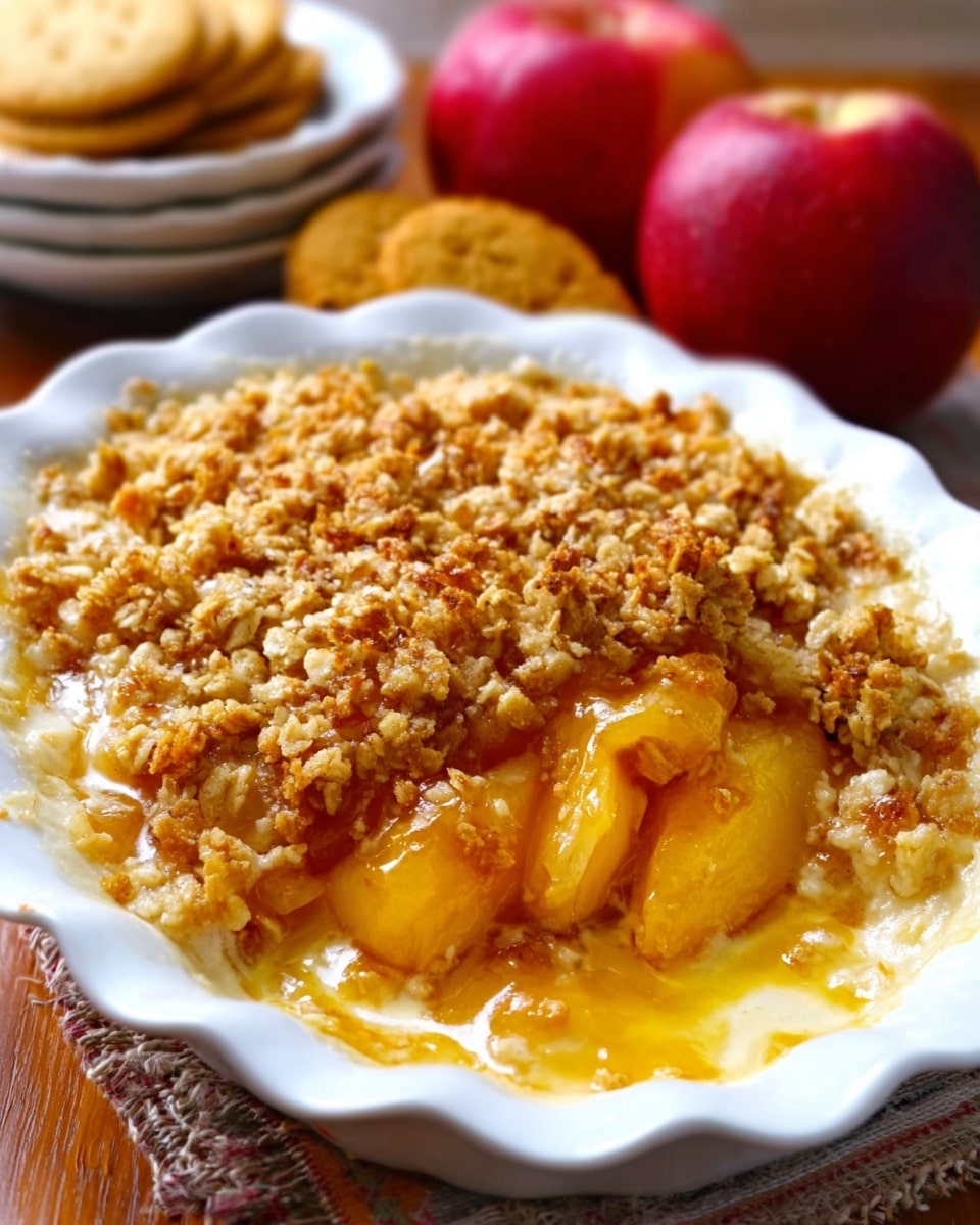 The image shows a white scalloped dish filled with a peach crisp dessert. The bottom layer is a soft, light yellow peach filling with a juicy texture. On top, there is a thick layer of golden brown crumbly streusel with small chunks and a slightly crunchy texture. The dish sits on a white marbled surface, and in the background, there are two red apples and a bowl with some baked goods. The lighting is warm and natural, highlighting the texture of the crisp and fruit. Photo taken with an iphone --ar 4:5 --v 7