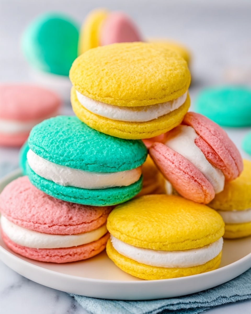 A stack of colorful sandwich cookies sits on a white plate on a white marbled surface. The cookies come in three colors: bright yellow, soft pink, and teal green. Each cookie has two round, smooth, slightly textured layers with white cream filling in the middle. The cookies are casually piled on top of each other, with some leaning and others lying flat, showing the thick layer of creamy filling clearly between each cookie pair. The overall look is playful and colorful with a soft focus that highlights the bright pastel colors. photo taken with an iphone --ar 4:5 --v 7