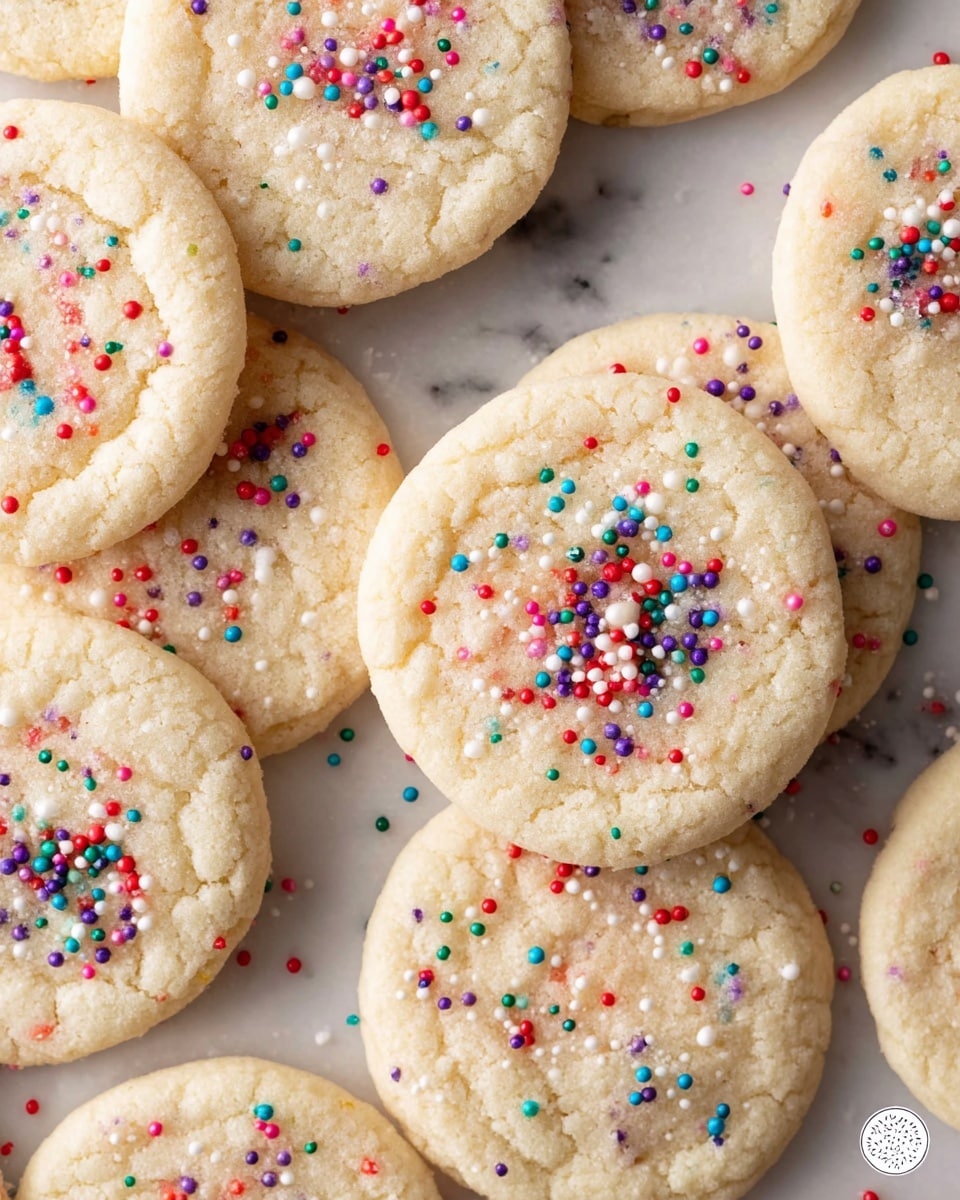 A close-up of soft, round sugar cookies spread out and overlapping on a white marbled surface, each cookie pale beige in color with a slightly cracked texture. Each cookie is topped with small, colorful round sprinkles scattered unevenly across the surface, including bright reds, blues, greens, whites, yellows, and purples, creating a playful and festive look. The cookies vary slightly in size and shape but are generally uniform, with a soft and tender appearance. photo taken with an iphone --ar 4:5 --v 7