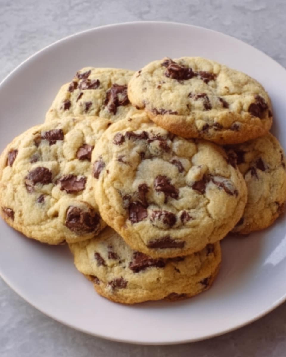 A white plate holds five thick chocolate chip cookies, each cookie having a golden-brown color with visible dark brown chocolate chips scattered unevenly on the top and throughout the soft texture. The cookies are slightly rounded with a slightly cracked surface, showing their softness inside. The plate is on a white marbled texture background. photo taken with an iphone --ar 4:5 --v 7