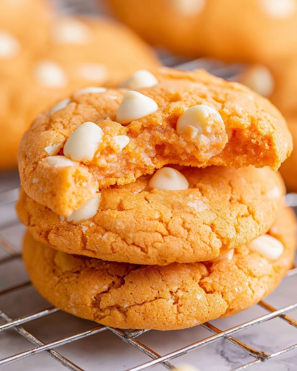 Two thick, soft orange cookies with a cracked texture are stacked on a metal rack on a white marbled surface. The top cookie has white chocolate chips scattered over its surface and one edge is bitten, showing a moist, soft inside with melted white chocolate chips. The overall scene focuses closely on the cookies, highlighting their chewy texture and glossy white chips embedded within. Photo taken with an iphone --ar 4:5 --v 7