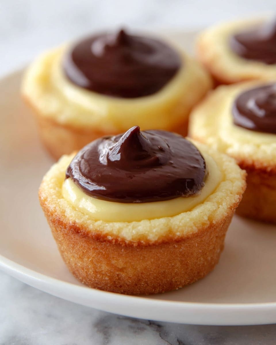 Three small round cupcakes are shown on a white plate placed on a white marbled surface. Each cupcake has three visible layers: the bottom layer is a golden brown, moist cake with a slightly textured edge; the middle layer is a smooth, light yellow creamy filling, thick and even across the cupcake; the top layer is a glossy, dark brown dollop of chocolate that looks smooth and slightly melted, centered perfectly on the creamy filling. The closest cupcake is in sharp focus while the other two are softly blurred in the background. Photo taken with an iphone --ar 4:5 --v 7