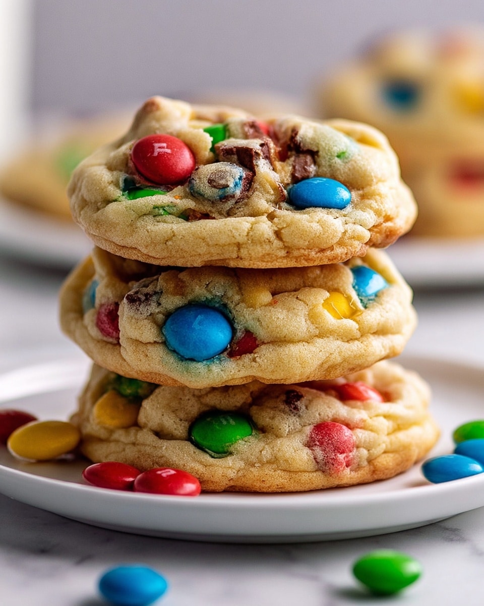 A stack of three soft, thick cookies filled with colorful candy-coated chocolates sits on a white plate, all placed on a white marbled surface. The cookies are golden brown with a slightly crinkled texture and are packed with red, blue, green, and yellow candy pieces evenly spread across each cookie layer. A few loose candies rest on the plate around the stack, adding pops of bright color. The cookies appear chewy and fresh, with visible chocolate chips beneath the candy shells. The background is softly blurred, keeping focus on the vibrant, inviting cookies. photo taken with an iphone --ar 4:5 --v 7
