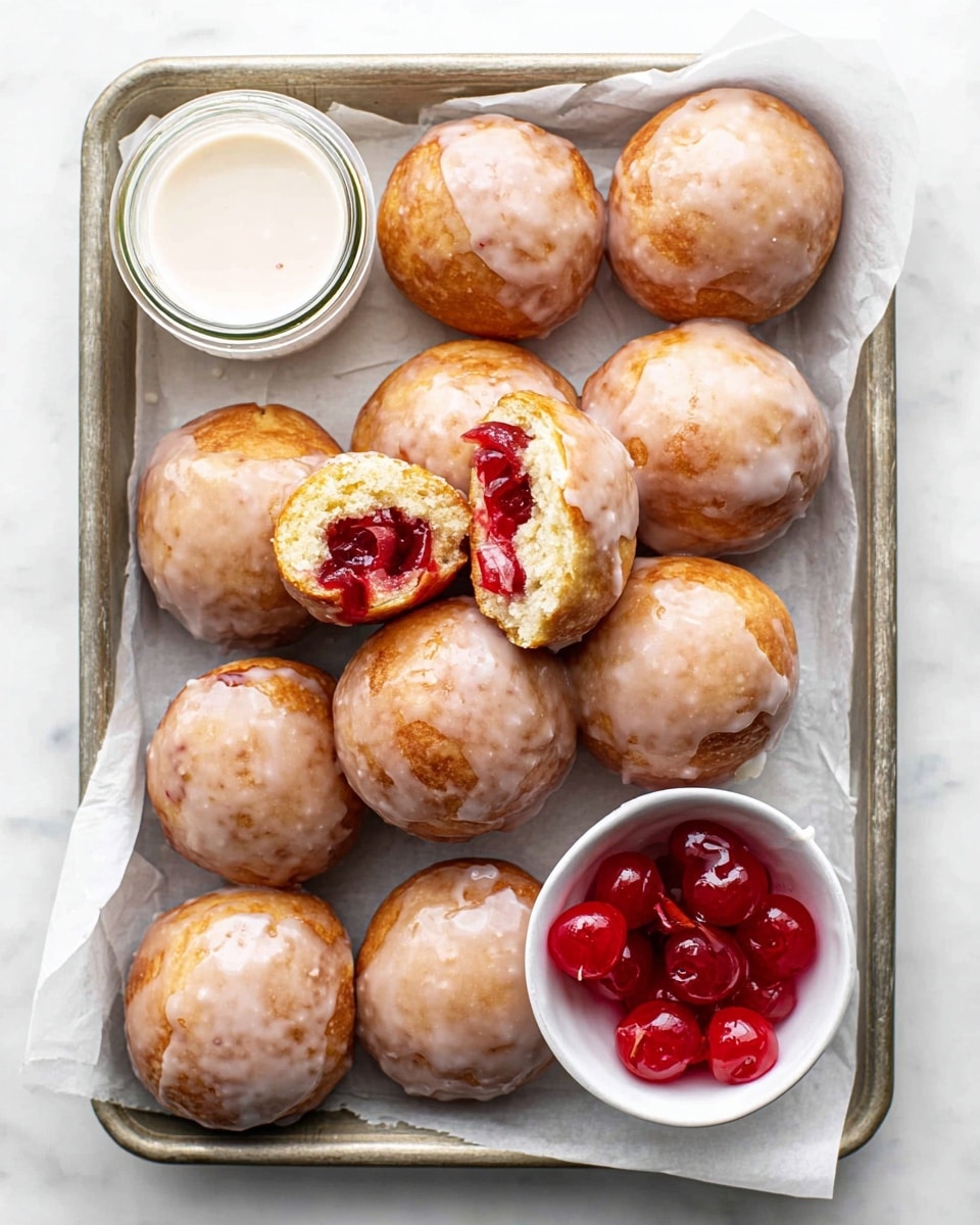 A metal tray lined with white parchment paper holds eleven round glazed pastries with a shiny light golden-brown surface, each covered in a smooth light beige icing. One pastry is broken open, showing a bright red cherry filling inside with a soft, golden brown dough layer around it. At the top left corner of the tray is a small glass jar filled with white glaze. At the bottom right corner is a small white bowl filled with glossy bright red maraschino cherries and their stems. The tray sits on a white marbled surface. photo taken with an iphone --ar 4:5 --v 7