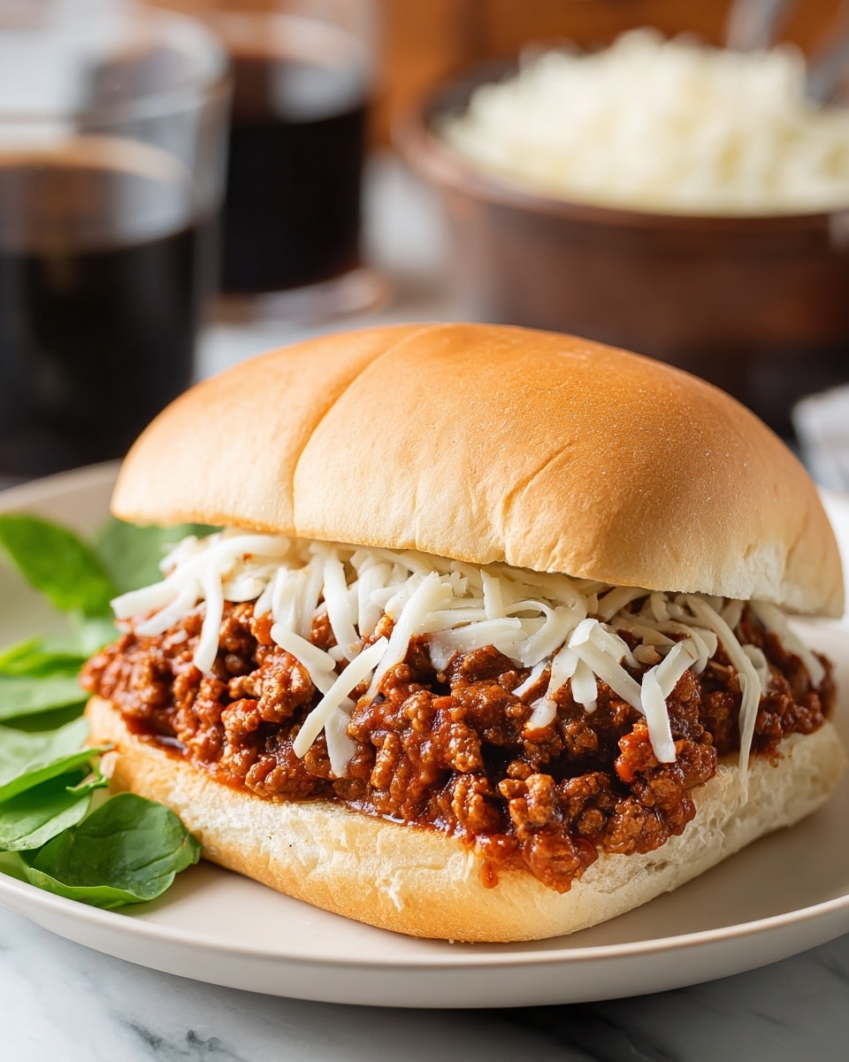 A sandwich is shown on a white plate with a soft, light brown bun on top and bottom. Inside, there is a thick layer of cooked ground beef mixed with red sauce, filling most of the sandwich. On top of the meat, shredded white cheese is spread unevenly, slightly melting into the hot filling. Some fresh green leaves are placed beside the sandwich on the plate. In the background, there is a blurred dark brown bowl with grated cheese and a glass of dark beverage. The plate sits on a white marbled surface. Photo taken with an iphone --ar 4:5 --v 7