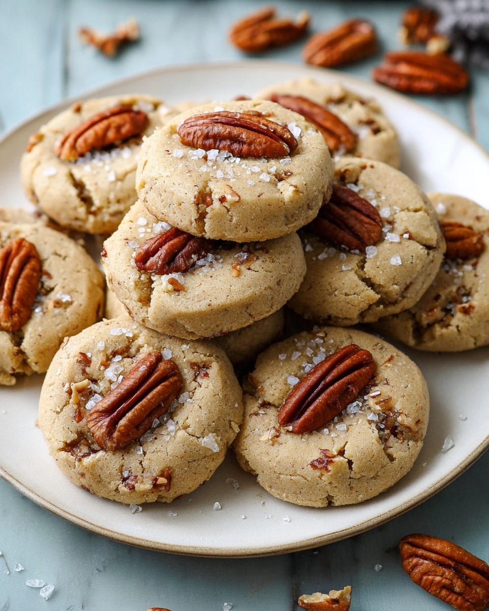 A white plate holds a stack of soft, round cookies, each topped with a whole pecan placed neatly in the center. The cookie dough is light brown with a slightly rough texture, showing small bits of chopped nuts mixed inside. Some granules of coarse salt are sprinkled lightly on top of the cookies, adding a slight sparkle. The plate is set on a white marbled surface, and a few whole pecans are scattered around the plate. photo taken with an iphone --ar 4:5 --v 7