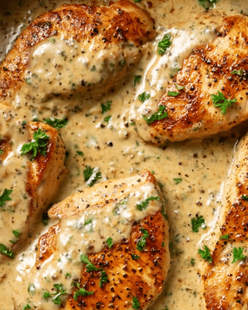 The image shows four golden brown chicken breasts cooked in a creamy light beige sauce with specks of black pepper and herbs. The chicken has a slight sear with visible seasoning and small green parsley pieces scattered on top. The sauce looks smooth and thick, covering parts of the chicken and pooling around it. The close-up view shows a soft texture with small bubbles, giving the dish a warm and fresh look. Photo taken with an iphone --ar 4:5 --v 7