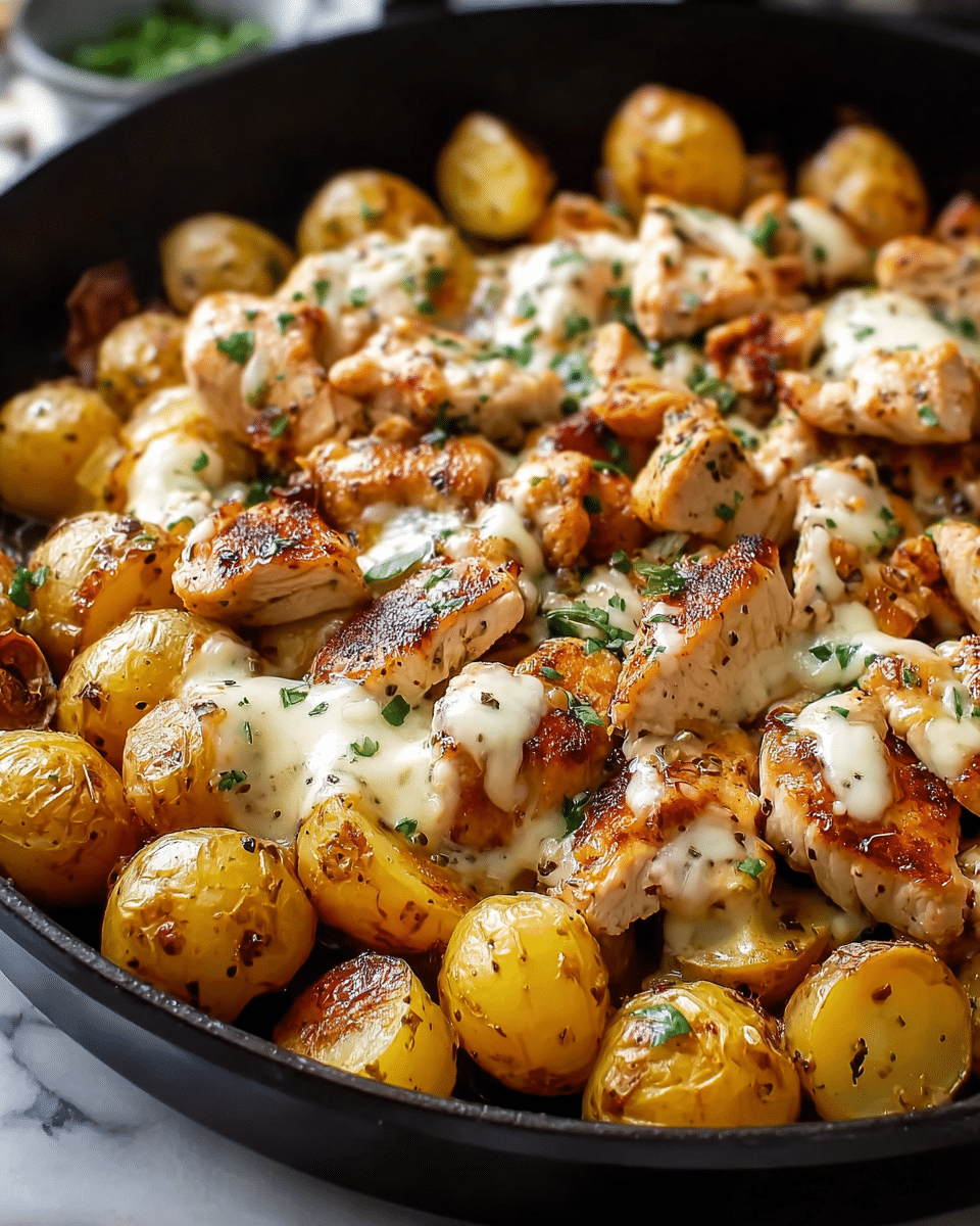 The image shows a skillet filled with a cooked dish consisting of two layers: the bottom layer is golden-brown roasted small potato pieces with a crispy texture and some specks of black pepper and herbs; the top layer is bite-sized pieces of grilled chicken breast, browned on the edges, with melted white cheese drizzled over them and sprinkled with chopped green herbs. The skillet is black and sits on a white marbled surface. Photo taken with an iphone --ar 4:5 --v 7
