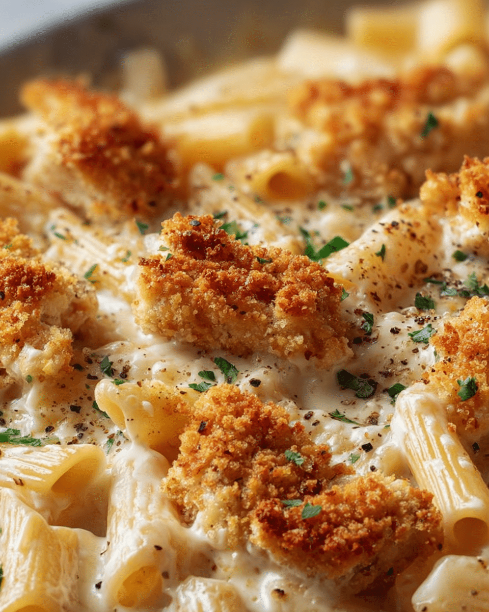 A close-up view of creamy baked pasta with penne noodles covered in smooth white cheese sauce, topped with golden brown crispy breaded chicken pieces. The chicken has a crumbly texture with a toasted finish. Small green herb bits are sprinkled over the dish, adding contrast to the beige and white colors. A few specks of black pepper are visible, giving a hint of spice. The whole scene has a warm and inviting feel on a white marbled surface. photo taken with an iphone --ar 4:5 --v 7