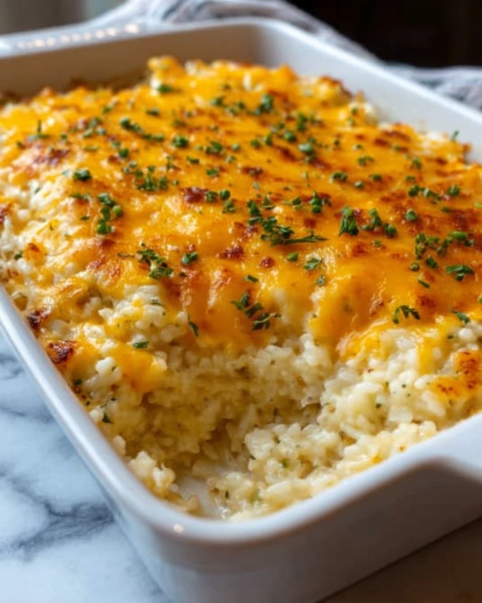 This image shows a white rectangular baking dish filled with a baked rice casserole. The casserole has three visible layers: a creamy rice base with a pale creamy beige texture, topped with a thick layer of melted cheddar cheese that is golden orange and slightly browned in spots, and sprinkled with small bits of chopped green herbs on top. A portion of the casserole is scooped out at the front, showing the soft, creamy texture inside. The dish is placed on a white marbled surface, and the background is softly blurred. photo taken with an iphone --ar 4:5 --v 7