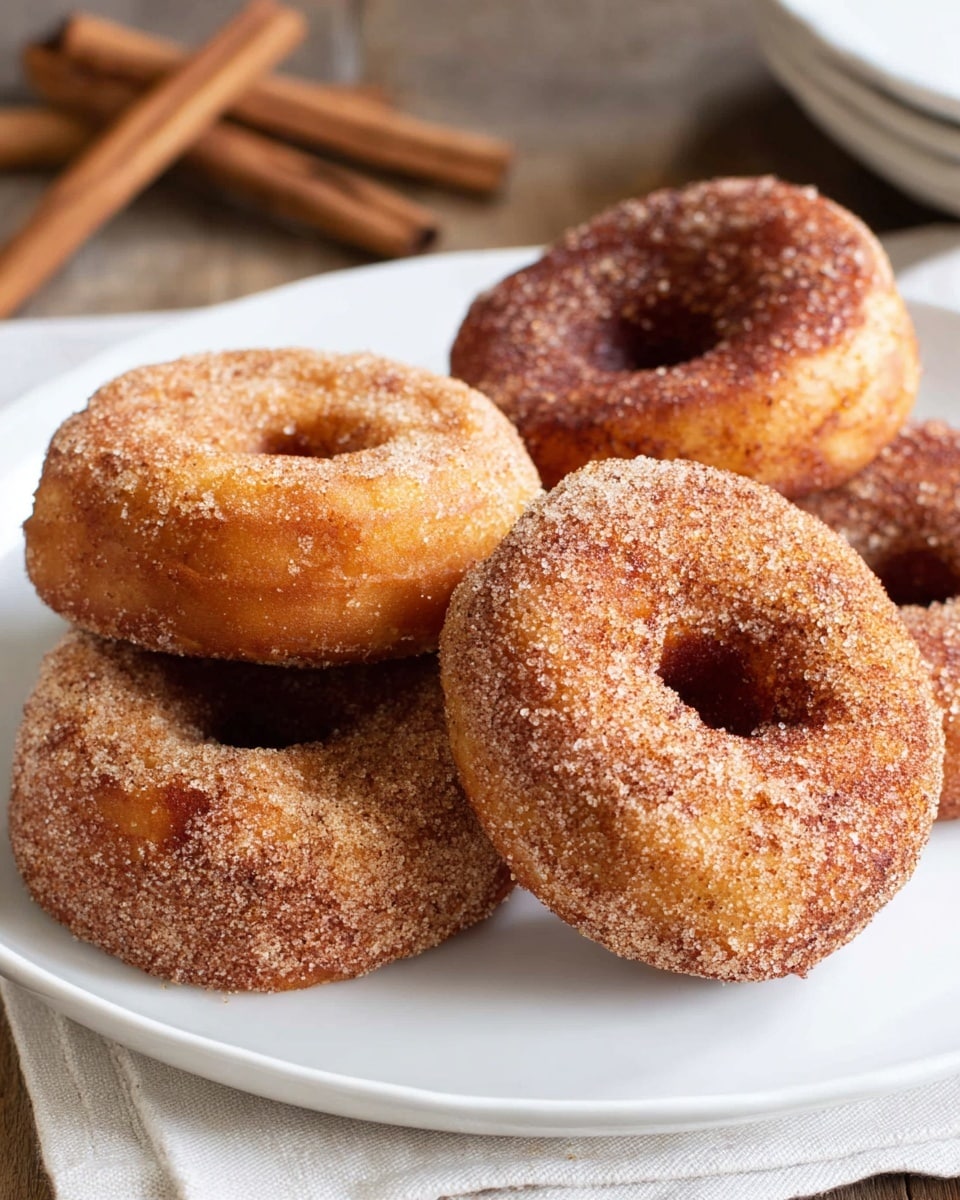 A white plate holds five cinnamon sugar donuts that are golden brown with a slightly rough texture from the sugar coating. Each donut has a thick, round shape with a distinct hole in the center. The sugar crystals glisten slightly and cover the entire surface, adding a grainy look. The plate is set on a white cloth, which lies on a wooden surface, with blurred cinnamon sticks visible in the background. photo taken with an iphone --ar 4:5 --v 7