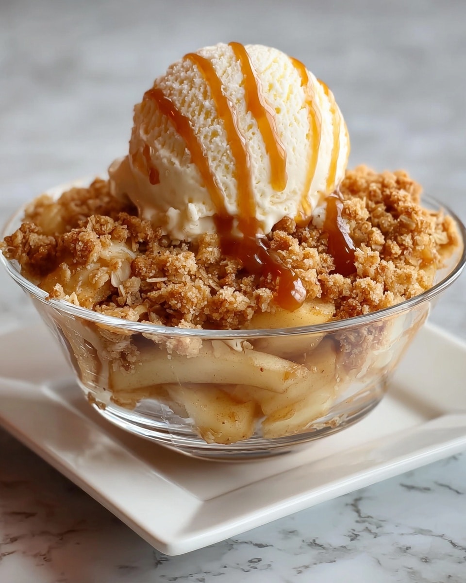 A clear glass bowl filled with three main layers: on the bottom, soft chunks of light golden baked apple slices; the middle layer is a crumbly, textured, medium-brown oat and cinnamon streusel topping covering the apples; on top sits a single round scoop of creamy pale vanilla ice cream with smooth texture, drizzled with amber caramel sauce zigzagging down the sides. The bowl rests on a white square plate with a white marbled surface in the background. Photo taken with an iphone --ar 4:5 --v 7