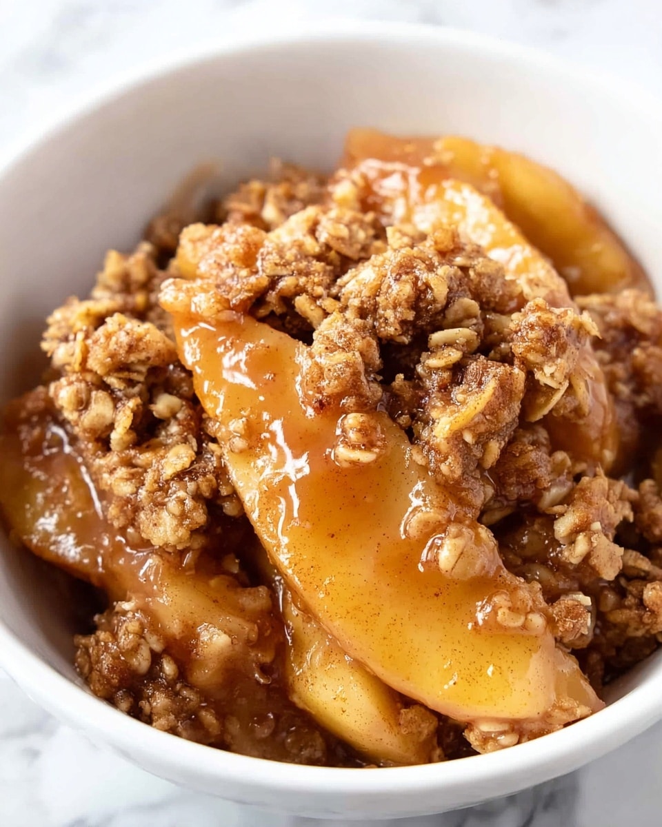 A white bowl filled with a warm dessert made of soft, thick apple slices covered in a shiny, caramel-colored sauce, mixed with a crumbly, golden brown topping that looks like it contains oats, giving it a crunchy texture. The apple pieces are tender and cooked, visible under the sweet, sticky sauce and the crunchy layer that sits mostly on top but also mixes throughout. The background is a white marbled surface. photo taken with an iphone --ar 4:5 --v 7