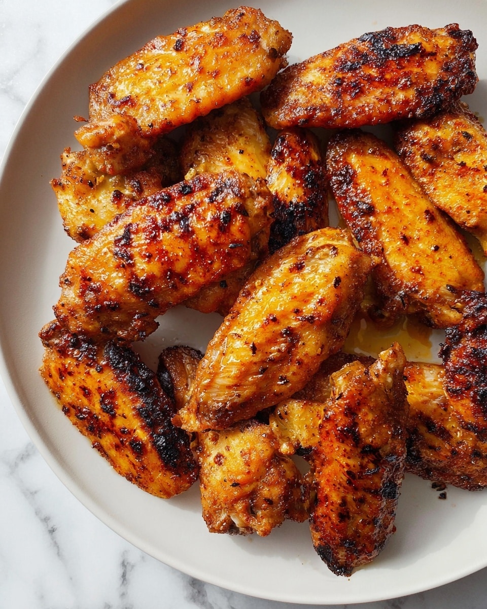 The image shows a white plate filled with about ten pieces of grilled chicken wings. Each wing is golden-brown with char marks and crispy skin, showing a mix of darker and lighter orange-brown colors. The chicken pieces are arranged close together, some overlapping, covering most of the plate’s surface. The texture looks crunchy on the outside with visible spices and charring spots giving a rich, cooked look. The background is a white marbled texture, making the plate and food stand out clearly. photo taken with an iphone --ar 4:5 --v 7